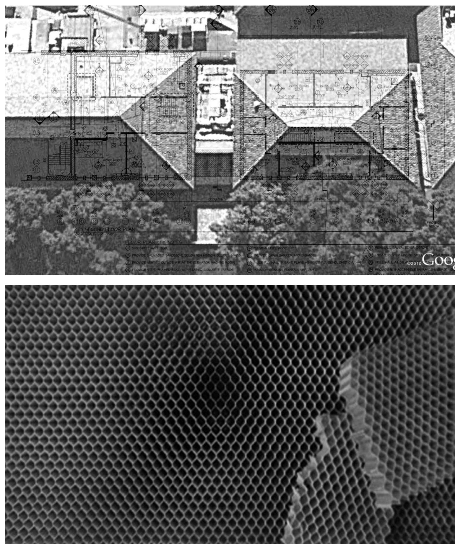 Figure 24.12-13 Screenshot of Google Earth aerial of Building 500  Imagery and map data ©2010 Google; close-up, macro-shot of insulating plastic found at the building  sandstone to Building 520. While such scalar effects are based upon human perception, archaeology has a suite of tools, both complex and everyday, that might extend such engagement to the nonhuman scale. For example, we might follow the relations of things from internal composition with microscopy, to the meso-scale of relations of the archaeological site with video and maps, to the regional scale with LIDAR and Google fly-throughs (Figures 