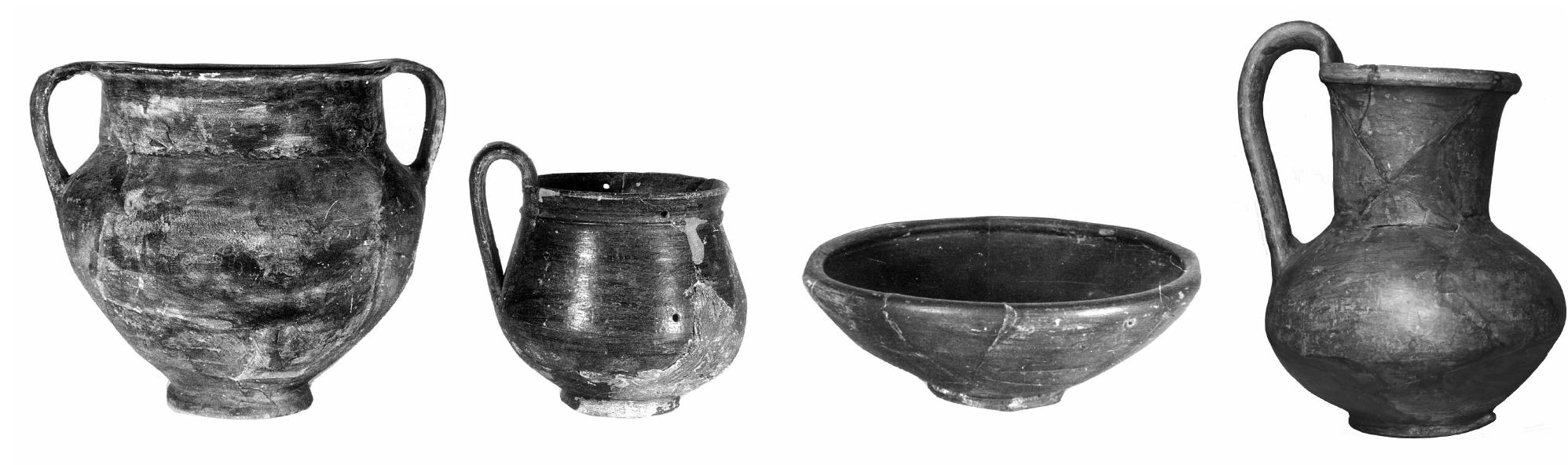 Figure 2. Common types of Archaic Greek reduction-fired Grey Ware in the Black Sea. From Nadlimaskoe III (krater, bowl and one-handled cup, after Ochotnikov 2006, fig. 4.3-4, 7), and from Berezan (jug, inv. no. B71.252). 