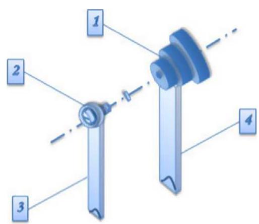 Fig. 4b. Stirling engine (connection part components) design. 1. Connection Bal Bearing and Rings, 2. Head Screw, 3. Connecting Rod, Short, 4. Connecting Rod, Long  Fig. 4a. Stirling engine (connection part) design. 