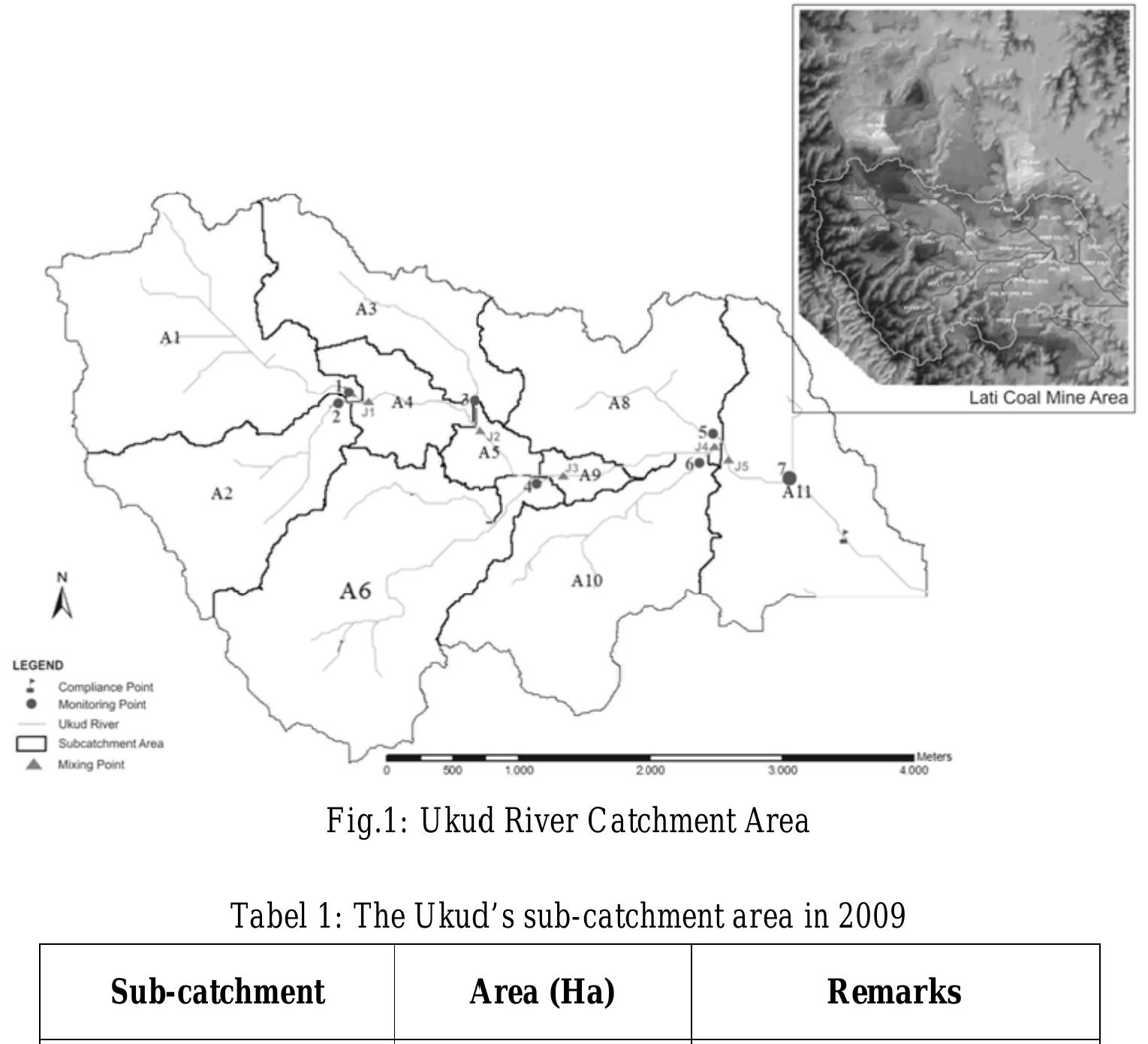 Ukud river is located in the southern part of Lati mine with a length of approximately 8 km. It is
flowing to the east and gaining into the Lati River. Its catchment area covers 11 sub-catchments with
total area of 1738.67 Ha (Fig.1 & table 1) and considered as suitable area for overburden disposal from
the mine pits located in the northem boundary of the catchment area. In 2009, 48.6% of total area has
been used for overburden disposal since late 1990s and the rest (or 51.4%) is still in natural condition.
Only 48% of the disturbed area has been re-vegetated.
