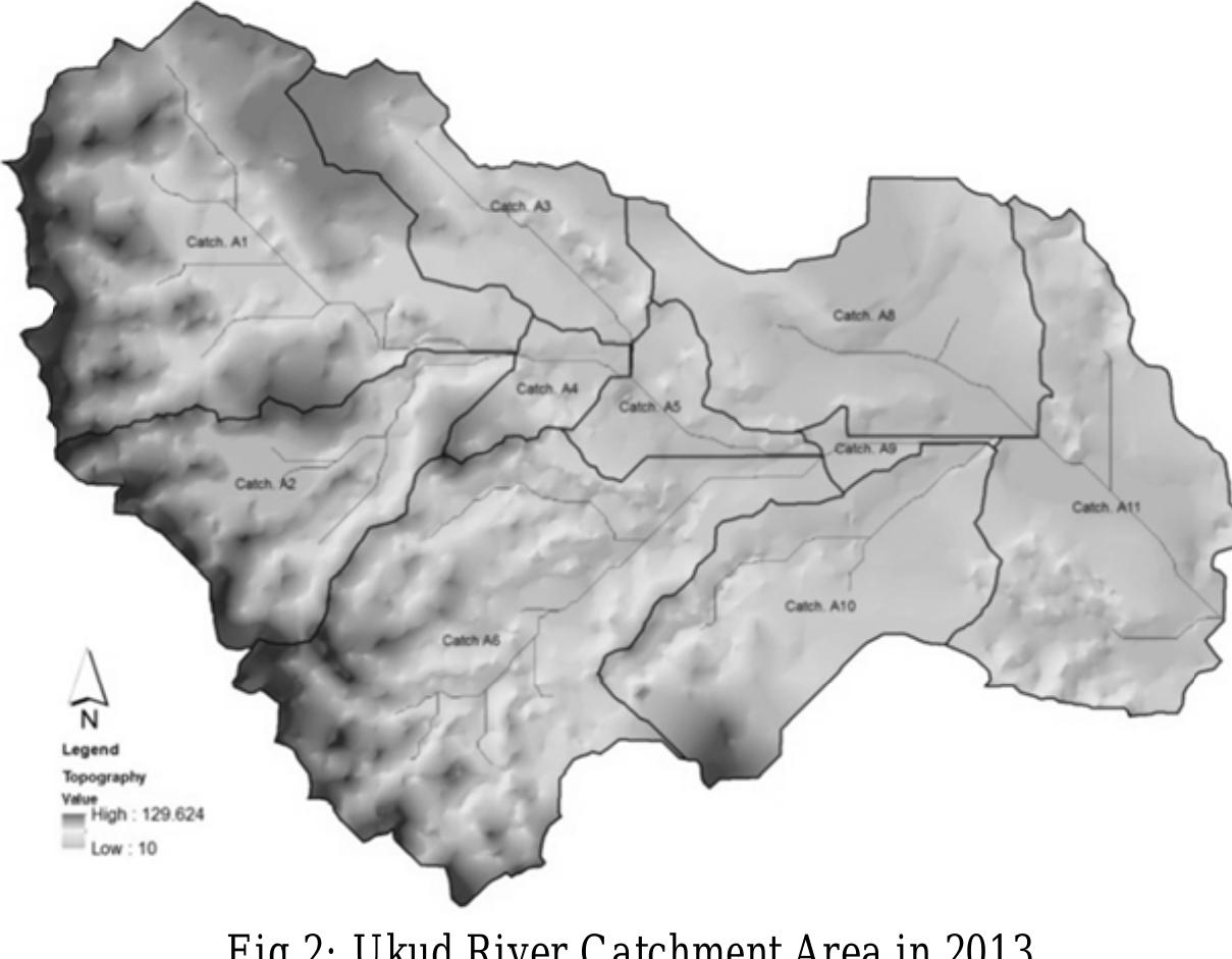 There are two active mining area around Ukud’s catchment area i.e. Others Pit Mine (sub-catchmen
A1) and L2 (sub-catchment A6). Sub-catchment A1 is located in the upstream and western part of the
Ukud River. The area of this sub-catchment is increasing from 275 ha to 350 ha (Fig.2) due to mine pi
development which will be developed further to the north until 2015. Mine dewatering system of thi:
pit, particularly to control the run off in the mine disturbed area is dicharged into the Ukud river.

In sub-catchment A6 there is a temporarily abandoned mine pit that already filled up with wate
(termporarily pit lake). The water is identified in acid condition and at the moment the overflow
discharges in to Ukud River through a water treatment facility to improve the discharge water quality.
Subcatchment A8 which is a re-vegetated diposal area is increasing from 188.8 Ha to 195.12 Ha
Almost all of sub-catchment area changed due to the mining development and it influenced the
hydrology as well as quality of Ukud river.
 Table 2: The Ukud’s sub-catchment area in 2013
