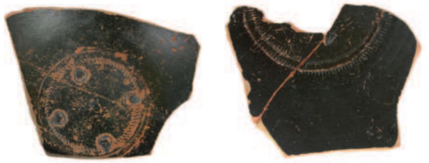 Fig. 17 Campana A plate fragments — Da 575 and Da 578.  vided by a destruction layer at Scythian Neapolis dated to 135/131 BC.”  Krzysztof Domzalski has recently drawn attention to the extensive distribu- tion of colour-coated ware in the Black Sea region including Olbia, where the best examples come from the mid 2"¢ century Temenos Cistern fill.°° The ware is currently regarded as Rhodian. Domzalski has noted that the identification and precise chronology of this ware is still difficult, but he has suggested that much of this material was Rhodian in origin, with reference to visual and chemical comparison to the clay fabric of Rhodian amphora.*! Possibly rates of production and certainly the intensity of exports were in decline during  