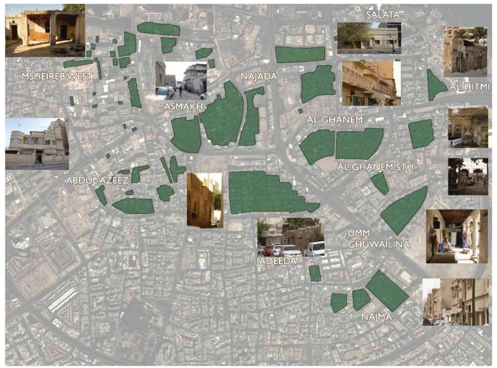 Figure 3. Showing the remaining historic districts in Doha (patches in dark colour); Faree; Al Asmakh is located between Msheireb and Najada. Courtesy of Alice Bianchi, QMA, Qatar.