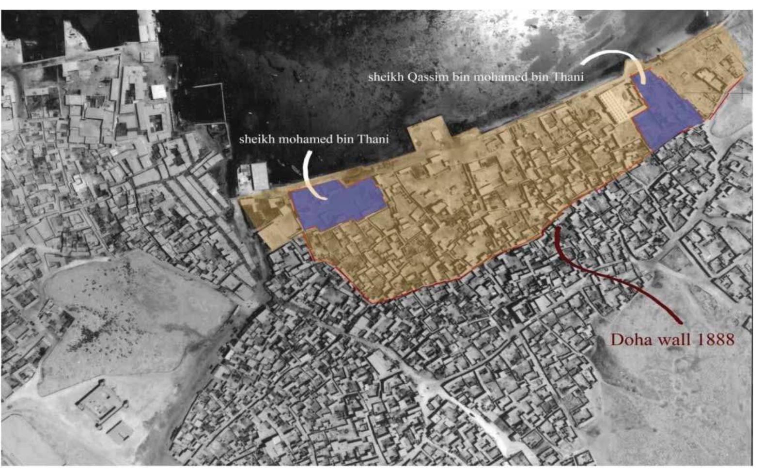 Figure 4. Doha city in 1958, showing the traces of the old wall built in 1888 (courtesy of Mr. Mohamed Ali Abdulla).