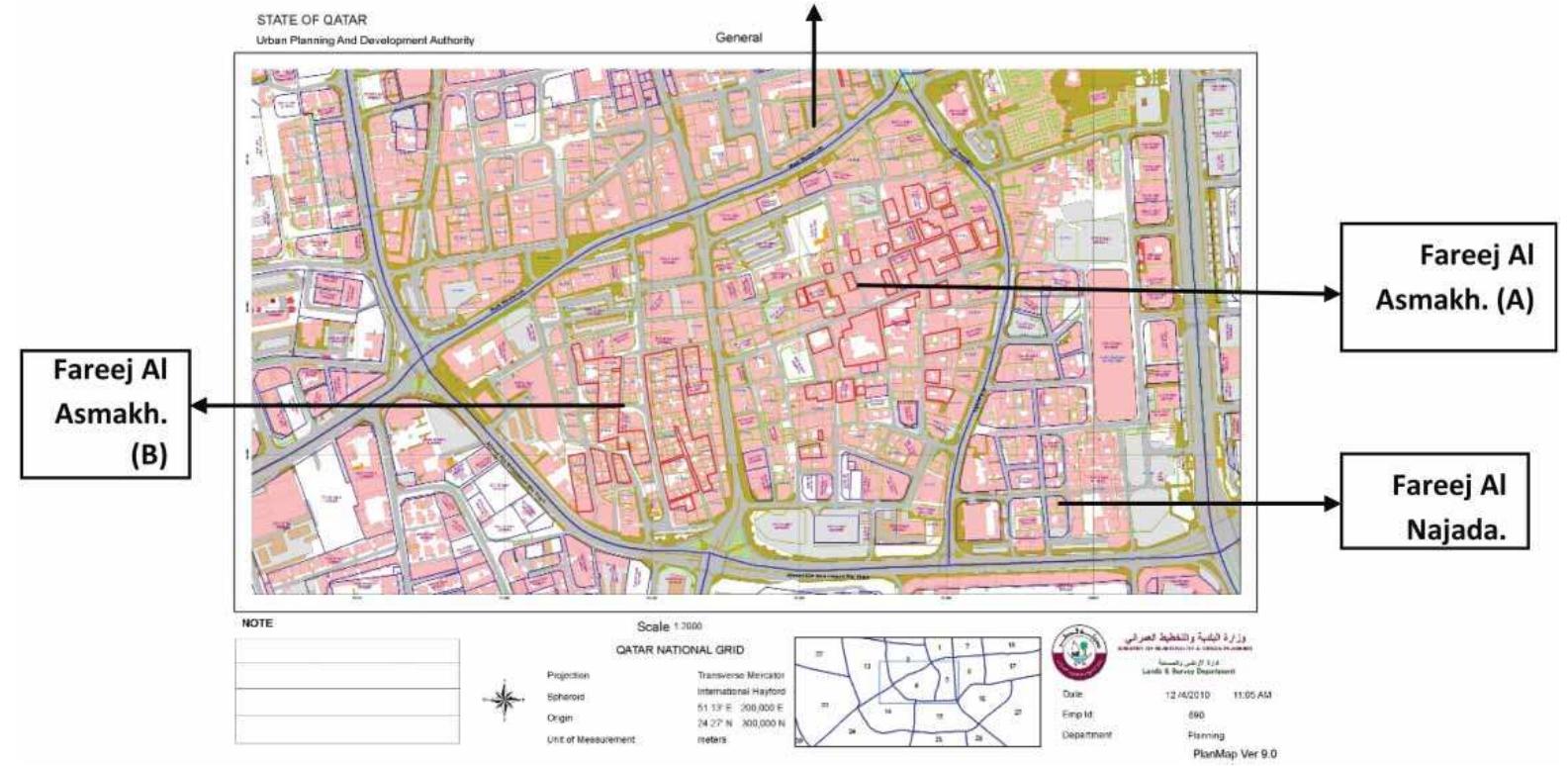 Figure 10. Doha, location of Faree) Al Asmakh B (left), Asmakh A (centre) and Najada (right). In the back- ground we can see the Msheireb project. Courtesy of Mohamed Al Moslamani, QMA, Qatar. AE: Le ir ee ee Fe Most of the houses in the Al Asmakh area go back to the beginning of the twentieth century, before the arrival of the first cement shipment in Doha in 1949. Due to the increasing land value, most of the original owners replaced their low-rise houses with middle-rise hotels and apartments on the edges of Al Asmakh. Houses in the district have been rented to low-income single workers living in multiple occupation conditions. Thus, its conservation has become an urgent issue. Once this area is conserved it can serve as a model for other districts to follow in an attempt to redis- cover and sustain what remains of old Doha. Marino the 107Nc ceonnceryvatinn atteamnte were nnknnawurn af herance there wad nn artive can_