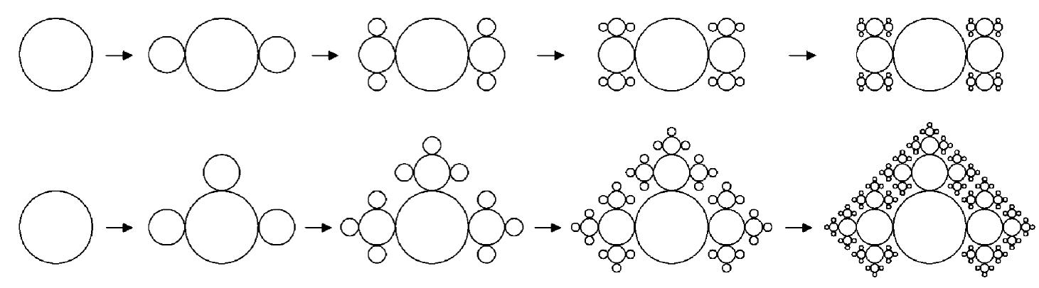 Fig. 1. Top: development of a fractal figure from a single circle by the iteration having some definite rule. Bottom: development of different fractal figure from the same circle but by the iteration having different rule. 