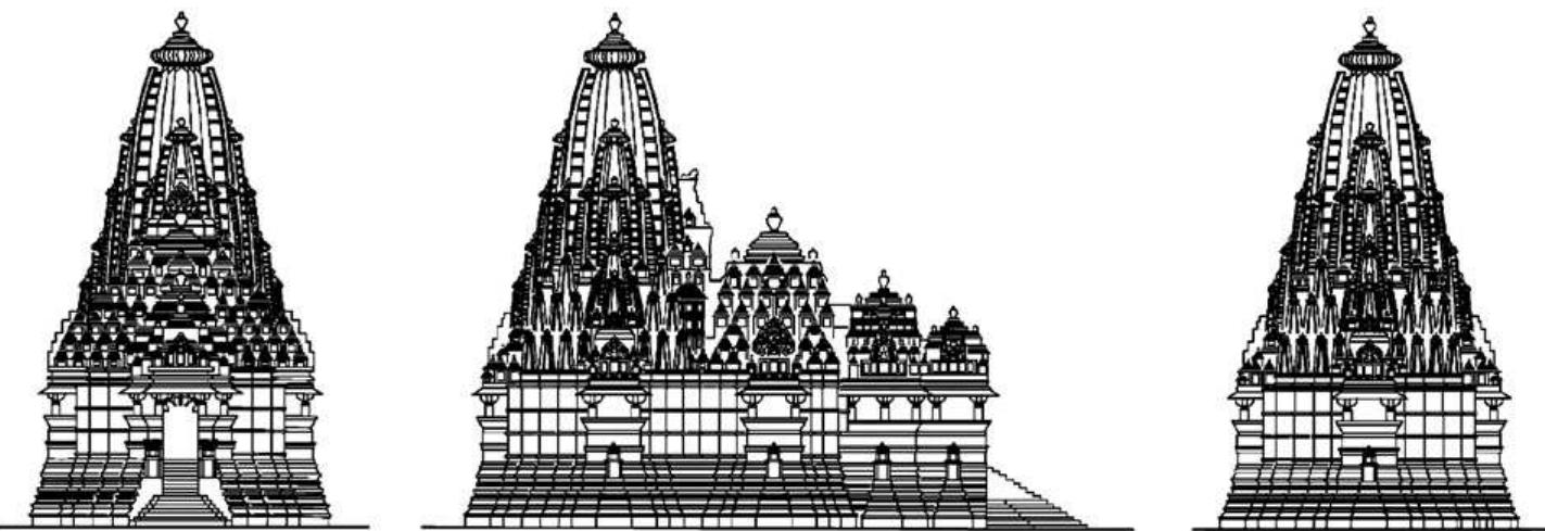 Fig. 3. Left: front elevation; middle: north elevation; and right: back elevation. 