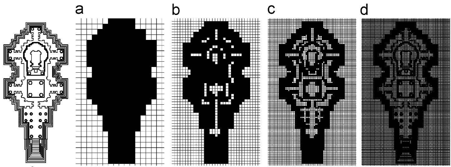 ‘ig. 10. Box counting operation of the plan of Kandariya Mahadev temple. Extreme left—plan; (a) grid size 24; (b) grid size 12; (c) grid size 6; and (d) grid ize 3. 
