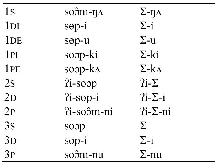 Table 4: Intransitive non-past paradigm: |sop| ‘to have enough’ 