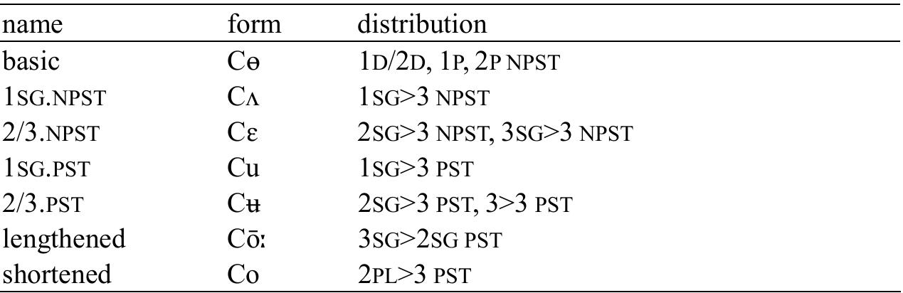Table 39: Distribution of stems for transitive roots  The imperative of transitive verbs has the lengthened stem only in the plural. The 2/3.Ps1 stem is found in the singular form: 