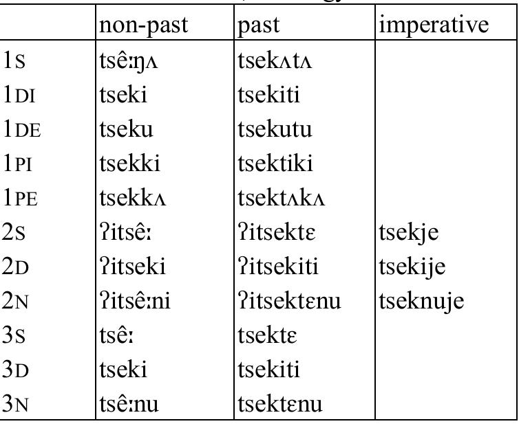 Table 27: Intransitive verb tsek 