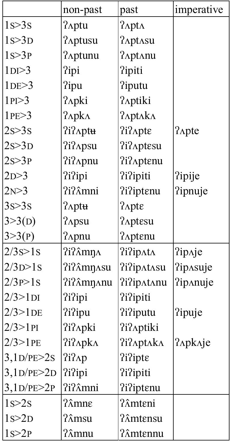 Table 64: Transitive verb Pipt ‘put to sleep’  