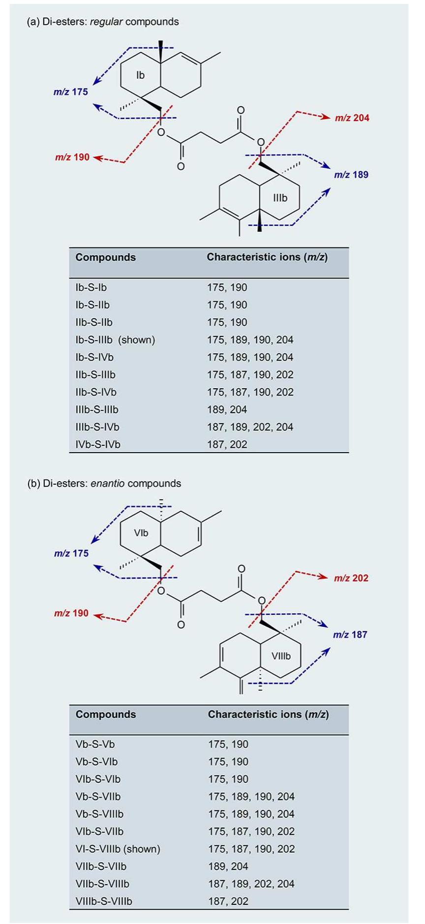 Figure 6. Key fragmentations and resulting ions of the diester compounds for the Class Ia resinite (a) and Class Id resinite (b). 