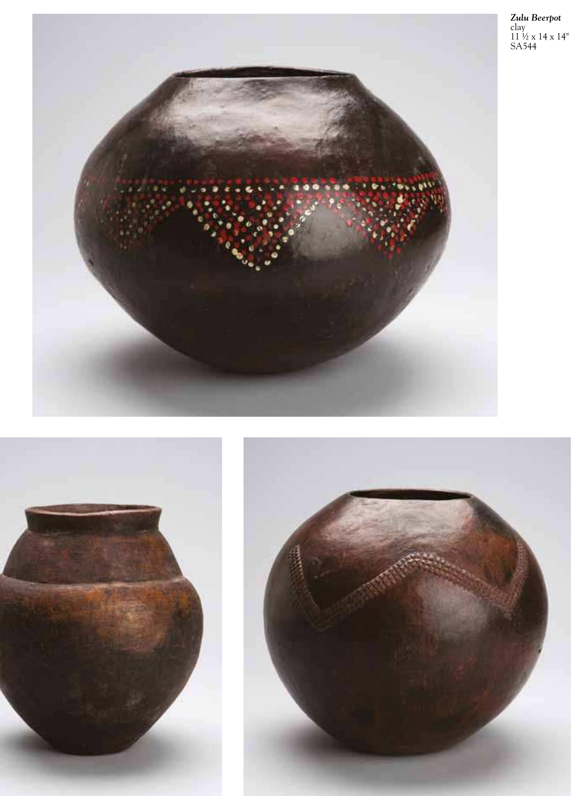 Zulu Beerpot, Amasumpa design  clay 11%xitxil" SA536  Likwana, Lozi Water Vessel clay  9%A%x8Y%x8Y"  SA501 