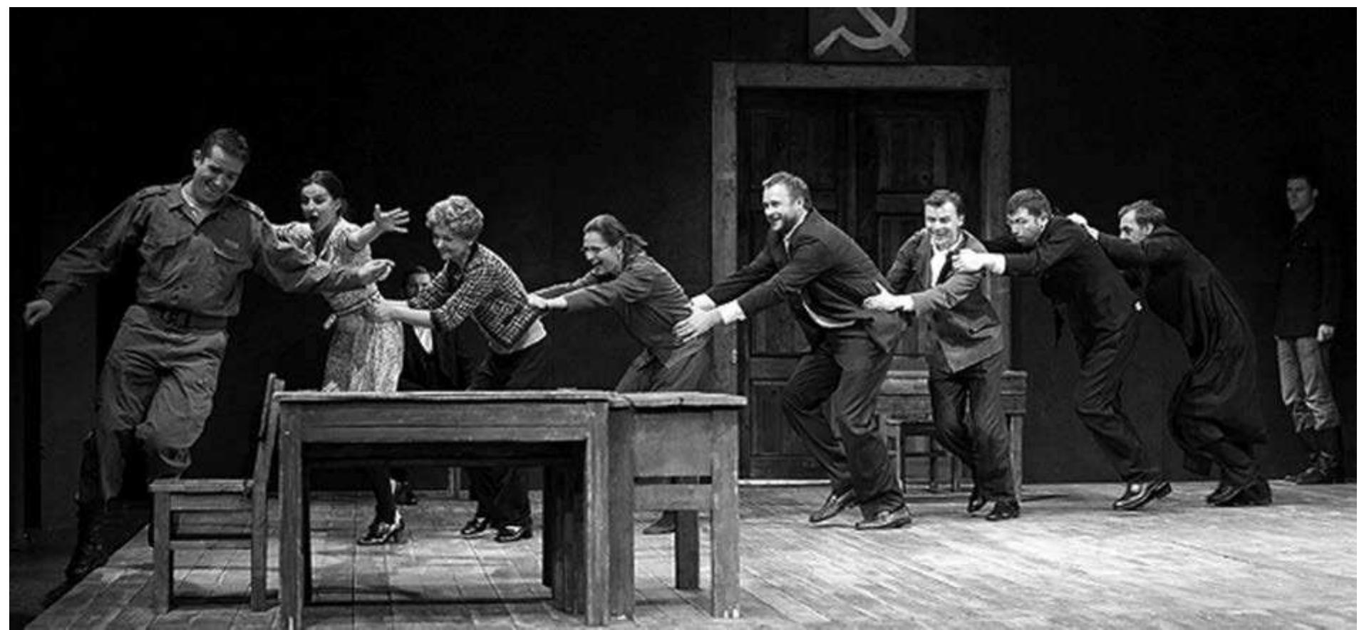 Our Class, National Drama Theatre, Vilnius, directed by Yana Ross. Photo: Krzyszlof Bielinski.  a particularly significant production of Polish playwright Tadeusz Stobodzianek's Our Class (Nasza klasa) by the international director Yana Ross, a graduate of GITIS in Moscow and the Yale School of Drama. Though the play was awarded the Nike Prize, the most highly regarded literary award in Poland, it has also caused some controversy among conservative nationalists, particularly for its examination of Polish collusion in an anti- Semitic pogrom during the Second World War. The Lithuanian premiere was preceded by a public forum on "Art and the Holocaust," attended by the playwright and the director as well as German and Lithuanian critics, where the relationship between historical trauma and the crisis of representation was hotly debated. Ross, who has worked at the Berlin Volksbuhne and the Finnish National Theatre, has brought a striking, new directorial approach to the Lithuanian stage. The production differed from other recent premieres of the play in Poland and the UK in its use of live music, tragic- comedic tone, vibrant aesthetics and expressionistic ighting. Circus tricks replaced acts of violence and brutality, offering the audience a Brechtian distance between Ross's lively and mischievous form and the explicitly tragic content. The younger members of the National's ensemble performed the first part of the text, which focuses on Nazi-occupied Poland   Although officially organized by the OKT (Oskaro KorSunovo Teatras)/Vilnius City Theatre, the main venue for the festival has become the two stages of the National Drama Theatre (Lietuvos nacionalinis dramos teatras). The opening was 