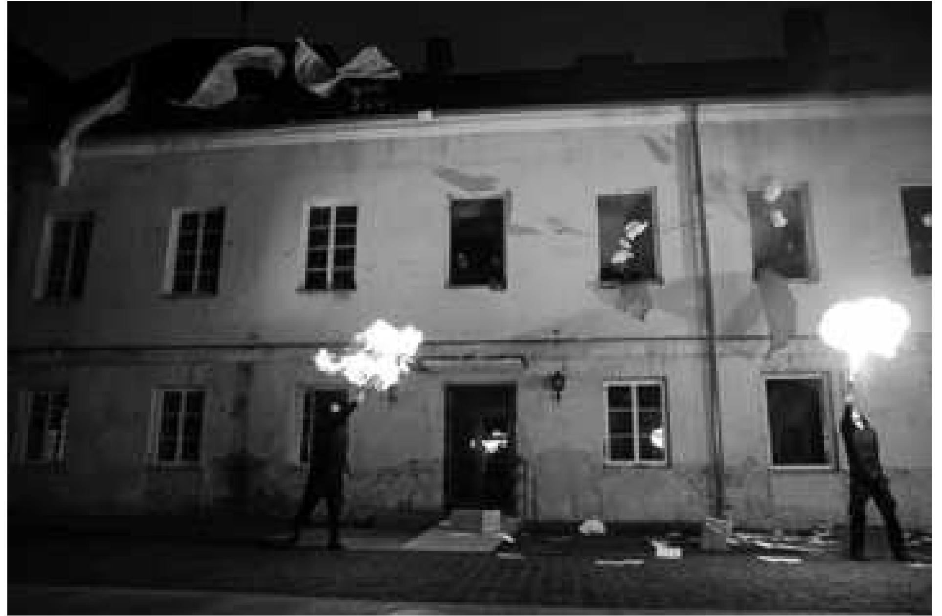 No Theatre's Fight Club. Photo: Courtesy of the State Youth Theatre.  by muted Armani colors, pale browns and soft grays, and the play is punctuated by long monologues that rely on linguistic tricks for its humor. Following this, festival-goers returned to the main auditorium to see a premiere by Eimuntas NekroSius, one of Lithuania's most cherished directors, who has also worked extensively in Italy and Portugal. Television cameras were dotted around the theatre to film his highly anticipated adaptation of Dante's Divine Comedy. The first two sections, Inferno and Purgatorio, were shown as one performance with Paradiso playing independently the following evening. Known for his highly impressionistic and evocative stage pictures made from simple stage properties and expressionistic lighting, there is often very little text in NekroSius's productions. In this adaptation, which opened in Vicenza, Italy earlier in 2013 to very encouraging reviews, Dante's poetry is rendered in a series of pictorial vignettes. While the director's understanding of the text is unquestionable and the images he creates are evocative and surreal, the seven-hour production was ultimately let down by its inexperienced cast. Nekrosius employed the students of his graduating class from the local Theatre Academy, and while there were some moments of well-polished ensemble work, the young actors were   Around the back of the National Theatre is the smaller black-box laboratory stage where Paulius Ignatavicius' mounted a production of the young Austrian playwright Ewald Palmetshofer's Hamlet is dead. No gravity. Focusing on an experimental and entertaining new piece of writing that regrettably did not offer very much in the way of direction, the production proved difficult for an international audience. The setting was dominated 