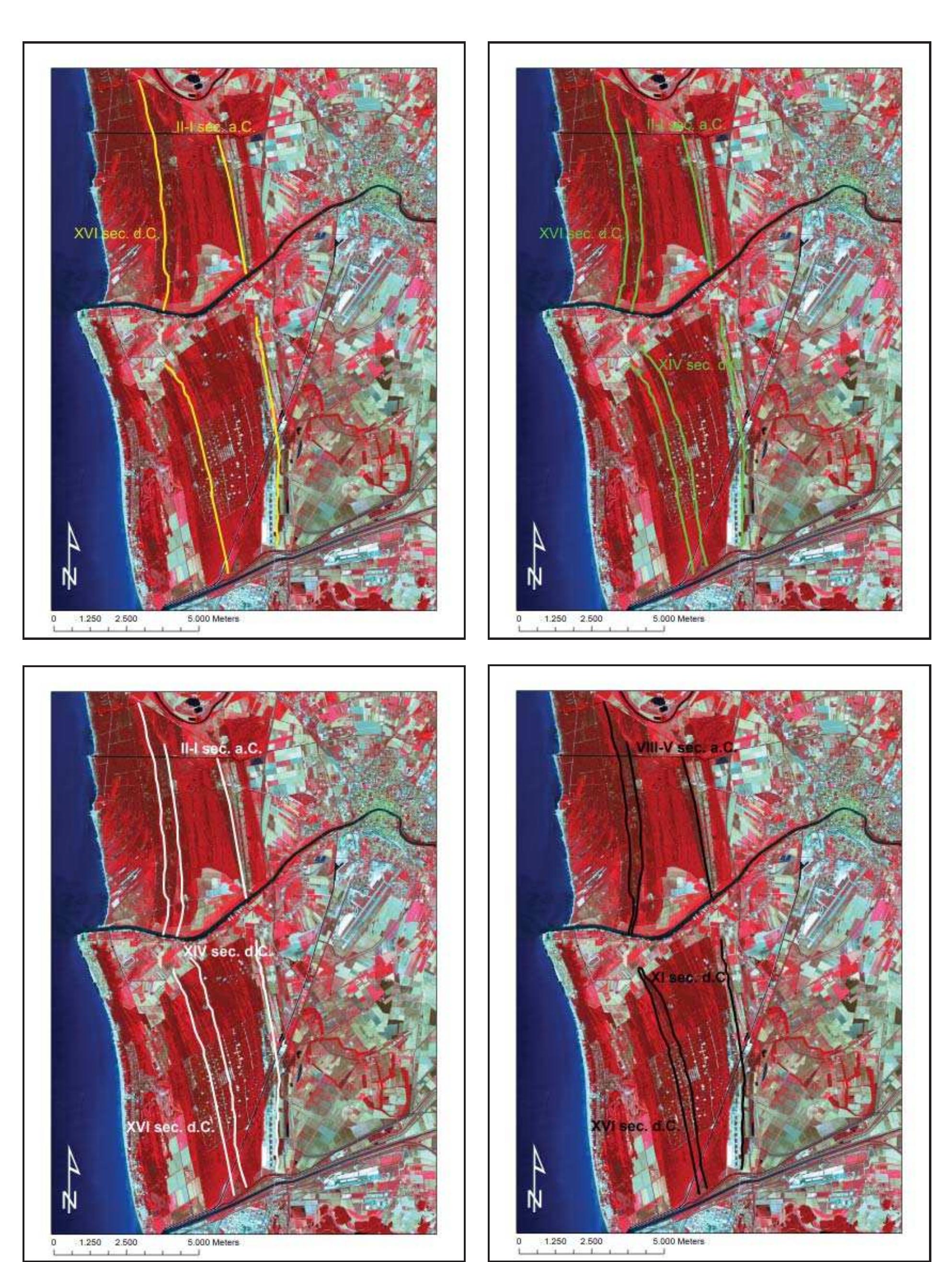 Fig. 2.3 From upper left in clockwise direction, the coastlines are visualised on the satellite image in false colour according to MAzZANrTI, PASQUINUCCI 1983 (a); DELLA Rocca et alii 1987 (b); Ceccaretu Lemur et alii 1994 (c); DALL’ANTONIA, MAZZANTI 2001 (d) 