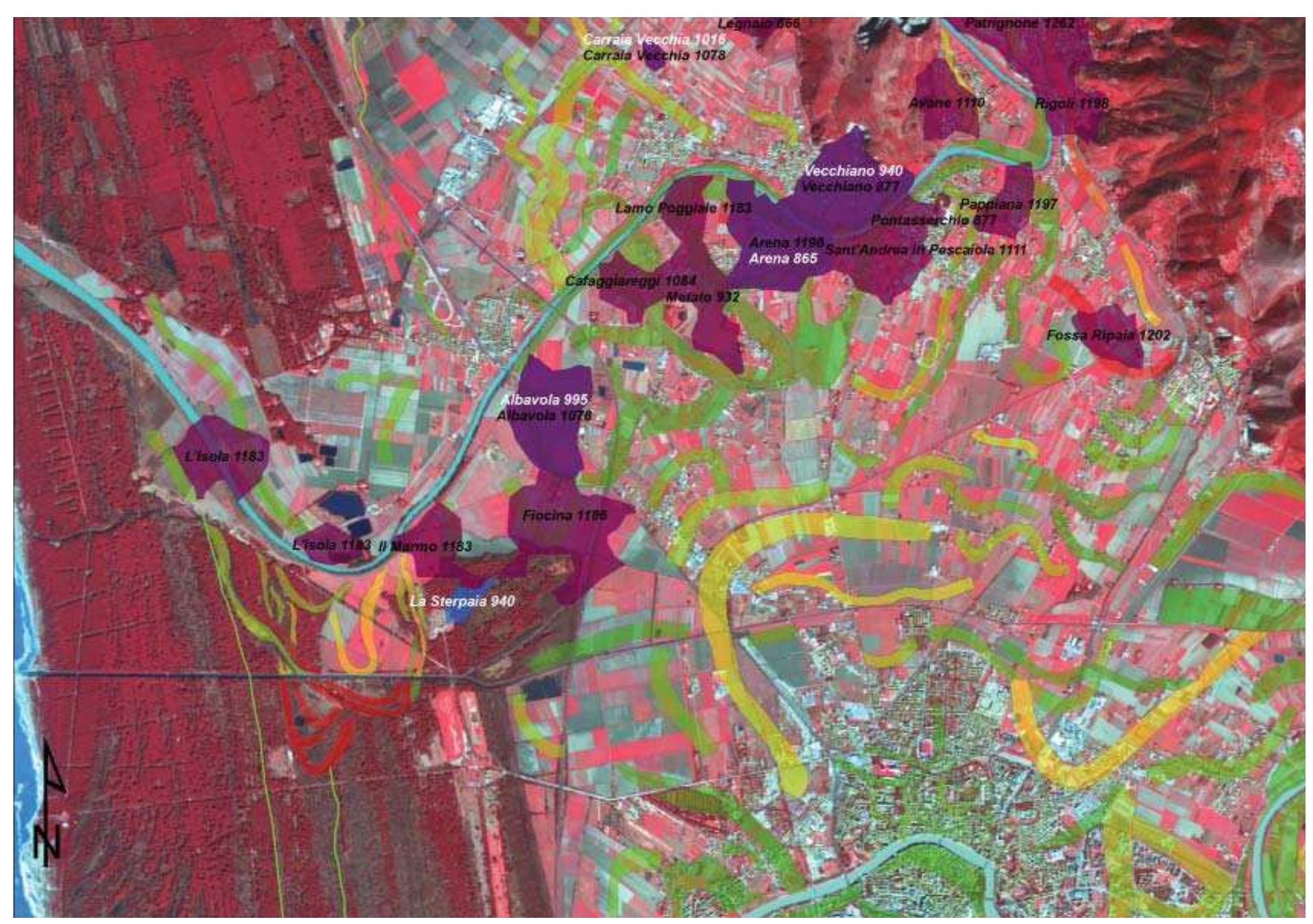 Fig. 2.7 The traces of the possible paleochannels (from red to green based on the trace’s level of reliability, from Bini et alii 2012a), associated with the toponyms that attest the passage of the Tubra River(in white) and of the Auserclus River (in black).  disappearance is attested. Written sources show the Tubra in Vecchiano* from 940 (CECCARELLI Lemur et alii 1994: 407-8), between Vecchiano and Carraia”, from 968 to 1023 (Repi 1988: 160), in Carraia in 1016, at Ursi port, in Arena where he cemetery stands today, in 865 and in 866, in Alzavola in 995 and in Pero in 1016% (CECCARELLI Lemut et alii 1994: 407-8) and, finally at the mouth, in Sterpaia in 940 (Rep1 1988: 160). The Tubra appears o have been considered as an independent river, differing from the nearby Auserclus (Serchio); in fact, a document dated 956 mentions them as two separate entities since a farmstead is located prope  Tubra] ultra fluvio Auserclo (CECCARELLI LEMUT et  alii 1994: 407). In pratice, the Tubra River used o flow north of the Serchio River and then, due o the continuous transformation of its courses, merged into the Auserclus River, as attested by a judgment in 1156 which refers to a deed dating back three hundred years and regarding a land ab hac Tubre parte que Serclus vocatur. This indicates hat certain stretches of the IX-century Tubra River partly coincided with the course of the Serchio  River during the XII century (CEcCARELLI LEMUT et alii 1994: 407-8). The search for the toponyms mentioned in the written medieval documents included in the Thiessen_toponimi.shp file led to the identification of Vecchiano, Arena, Carraia  the Tubra in Vecchiano* from 940 (CECCARELLI 