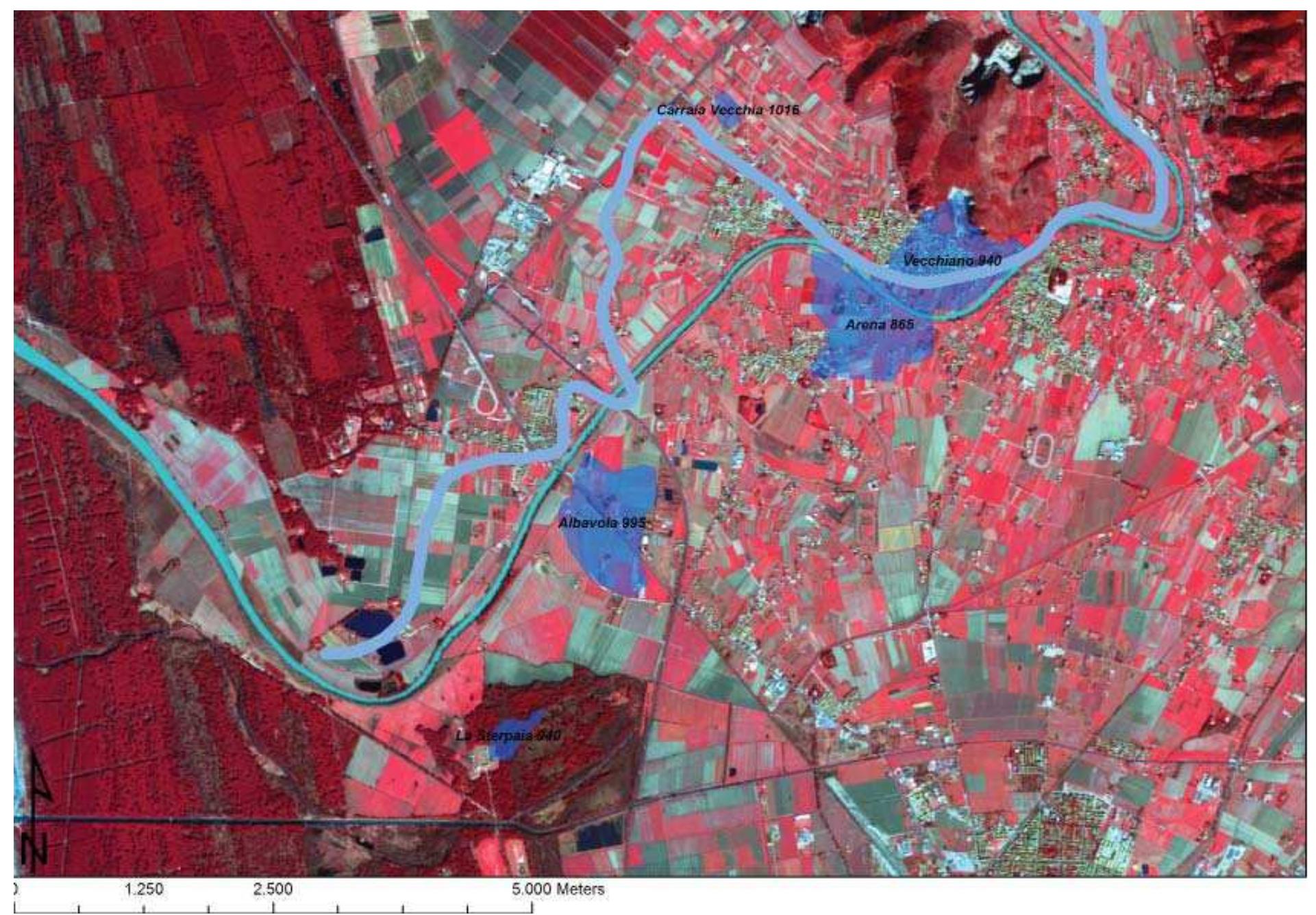 Fig. 2.8 Reconstruction of the possible course of the Tubra River.  VECCIMa, L\LDAVOld (Cl€dlly Tererritls tO fhisdv Ola) and La Sterpaia. Selection by Location, on the oasis of the toponimi_Tubra.shp file (150 m search distance) and on the palaeochannel traces ‘paleo_alvei.shp), pointed out which traces may 9e attributable to the Tubra River. Two branches of southern palaeochannels were eliminated from the selection, probably pertaining to the Auser River (§ 2.2.2.3), as well as the most northern ‘luvial branches. Overall, the course of the Tubra River does not appear to be very different from the course of the Auserclus (Serchio) River (fig. 2.7), with which it partially merged later on, but it may rave followed - at least during a certain period - a more northern course (the most ancient, as attested oy a document of 956?). The Tubra River probably parted from the Auser River near Patrignone, ‘ormed a wide bend at Avane, following a course subsequently taken by the Serchio in the late- medieval ages, flowed to the south of Vecchiano, 
