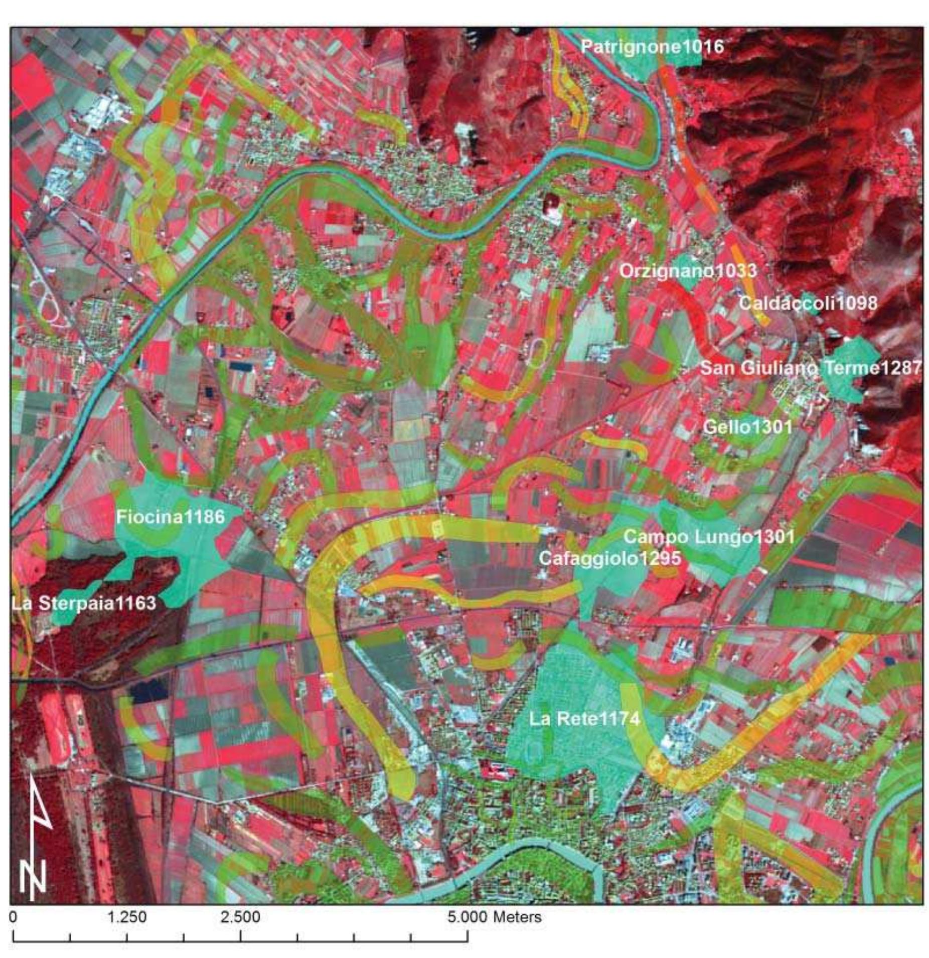 Fig. 2.10 The traces of the possible paleochannels (from red to green according to the trace’s level of reliability, from Bini et alii 2012a), associated with the toponyms where the Auser River is attested. 