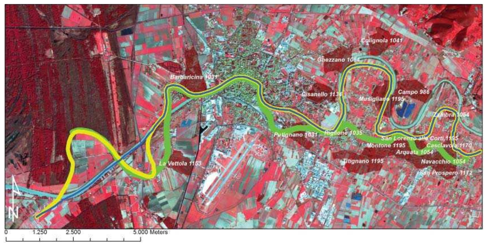 Fig. 2.13 Reconstruction of the possible courses of the Arno River during the Early Middle Ages (green) and Late Middle Ages before (yellow) and after the cut of the meanders of La Vettola and San Rossore (dark blue). The areas of the toponyms with the date of the first attestation of passage of the Auser River are in brown. 