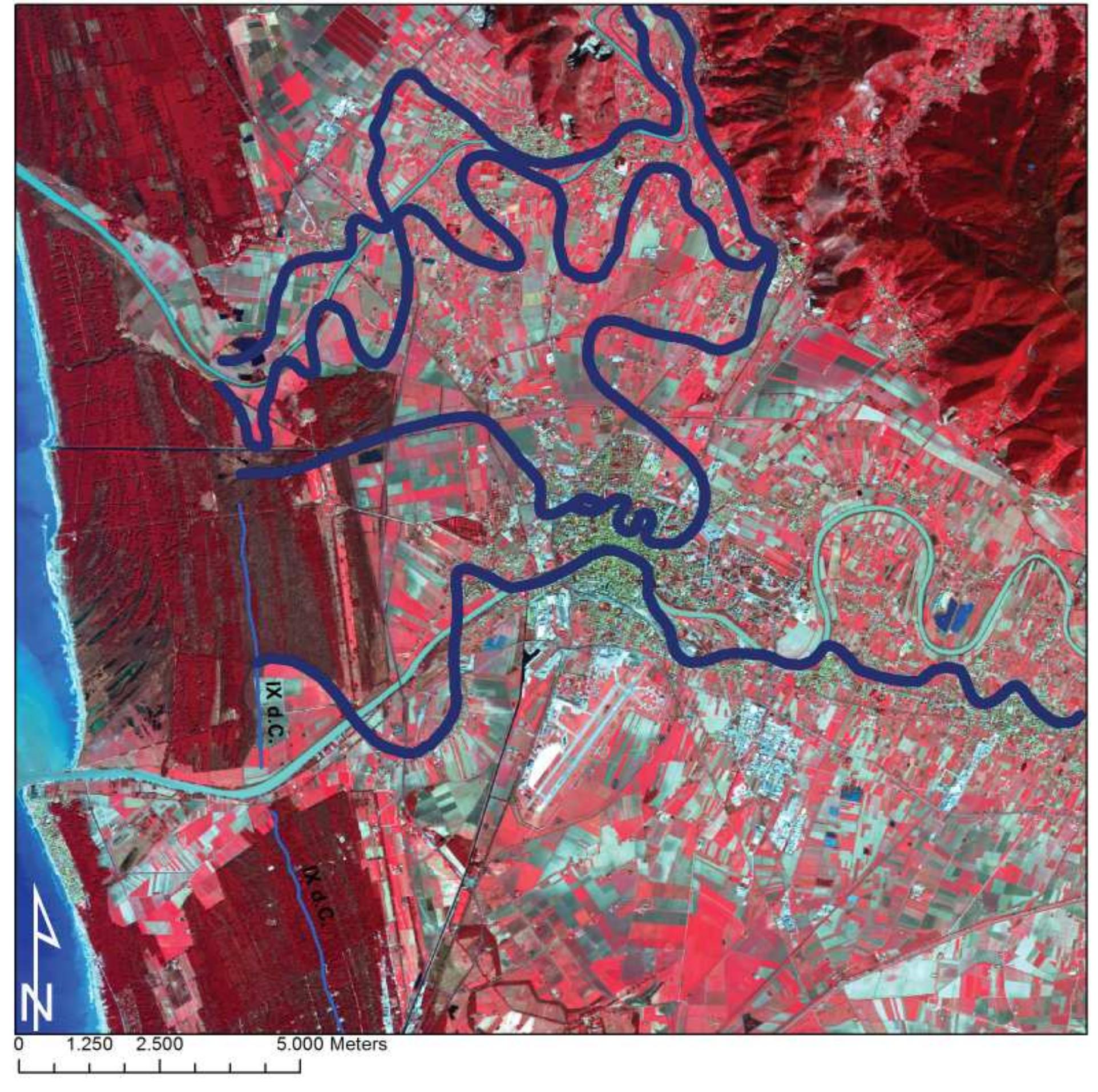 Fig. 2.14 Reconstruction of the possible hydrographic situation of the plain of Pisa during the Early Middle Ages.  shp polygon file which includes the toponyms Navacchio Casciavola, Zambra, San Prospero, Arquata, San Lorenzo alle Corti, Titignano, Montone”, Musigliano, Campo,  Colignola, Ghezzano,_ Riglione, Cisanello, Putignano, Barbaricina and La Vettola (fig. 2.12). Selection by Location of the palaeochannels identified the  possible palaeochannels ascribable to the Arn River. The selection suggests the presence of bot! a southern course, passing through Montone Titignano and the monastery of San Savino wher a landing place arose, and a northern course, whic! bent through Musigliano and formed anothe meander near Colignola. A series palaeochannel  River. The selection suggests the presence of both 
