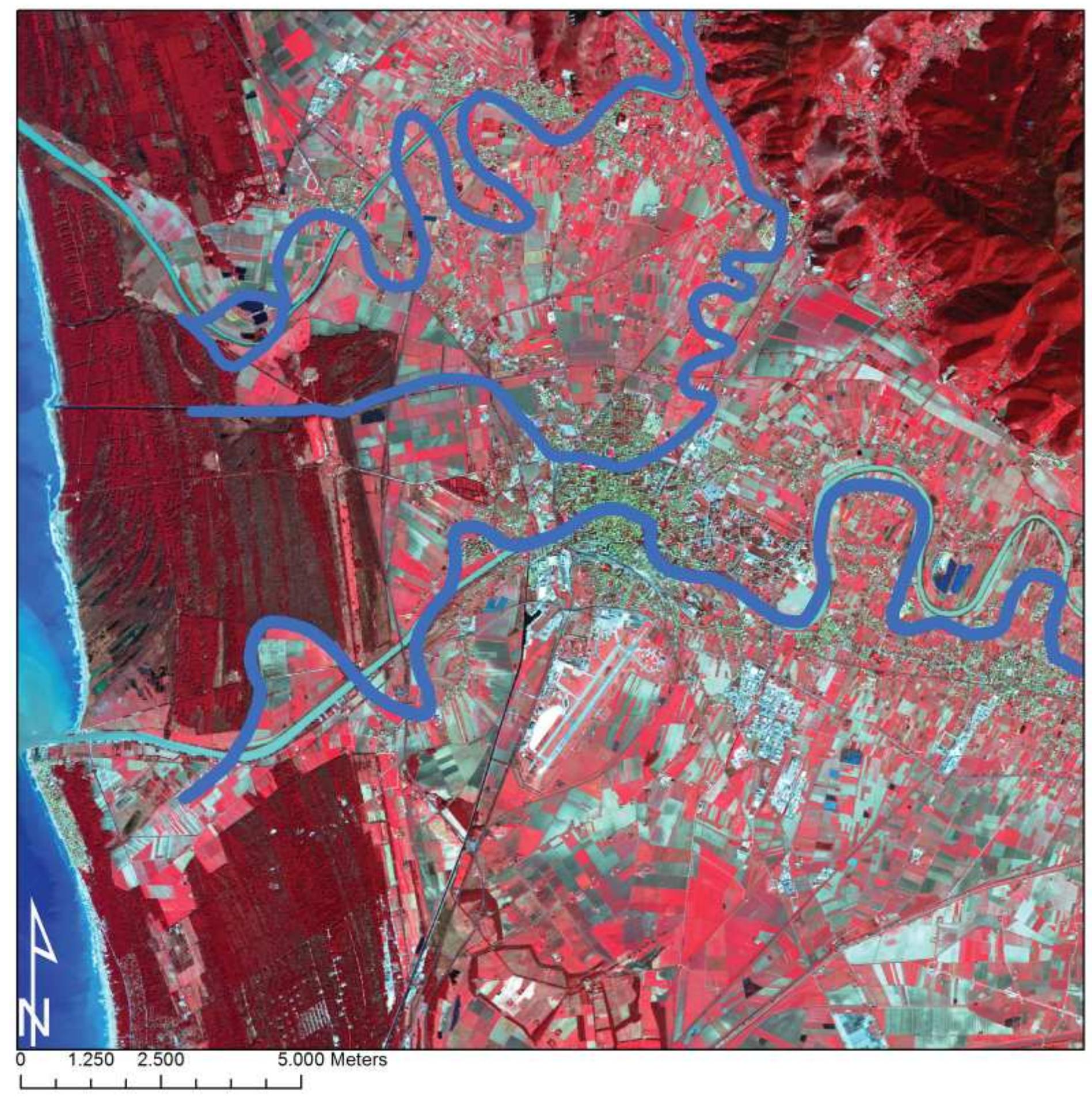 Fig. 2.15 Reconstruction of the possible hydrographic situation of the plain of Pisa during the Late Middle Ages, before the XIV century cuts of the LaVettola and San Rossore meanders.  are visible here, located more northwards. Although the absence of chronological indications prevents us from providing a clear evaluation, I am led to consider them prior to the Middle Ages, based on the interpretation of written sources and oponymy. Even the sector immediately to the east of the city is characterised by a large number of  buried river beds and a course crossing Cisanello. After flowing through the city (§ 3.1.2; 3.1.3), the river bended north in the area of Barbaricina, and  then south at La Vettola; here, during the Middle  Ages,  he Arno changed its course compared to  the Roman Age, keeping the area of San Piero  a Grad  o to the left. Lastly, it formed a meander  towards north at San Rossore, gradually moving  its mouth increasingly towards south west.  Consid  ering the route of the strata Vallis Arni (§  2.3.1.5  , which retraces the Roman road network  along Valdarno towards Florence, it is possible to  imagine an earlier date for the most southern of  Ages, the Arno changed its course compared to 