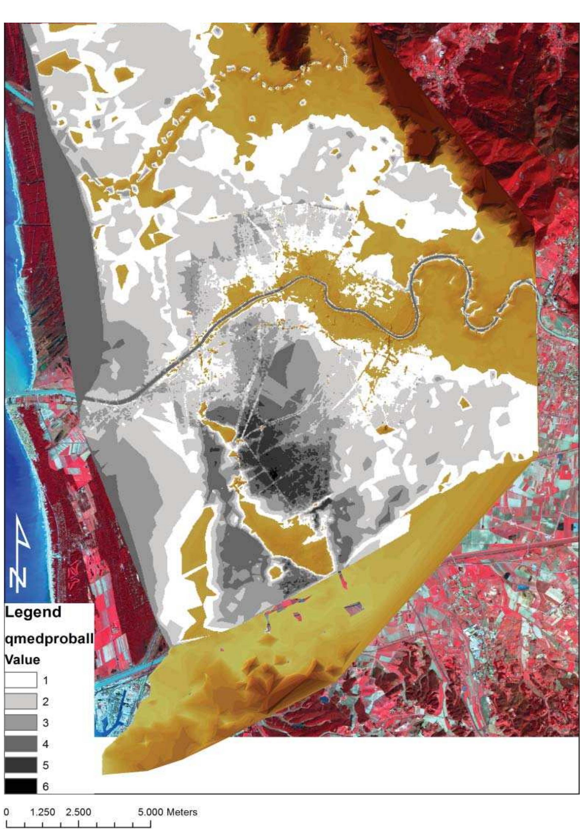Fig. 2.17 The qmedproball.grid file overlapping the DEM of the area under examination limited to the late-medieval coastline. 