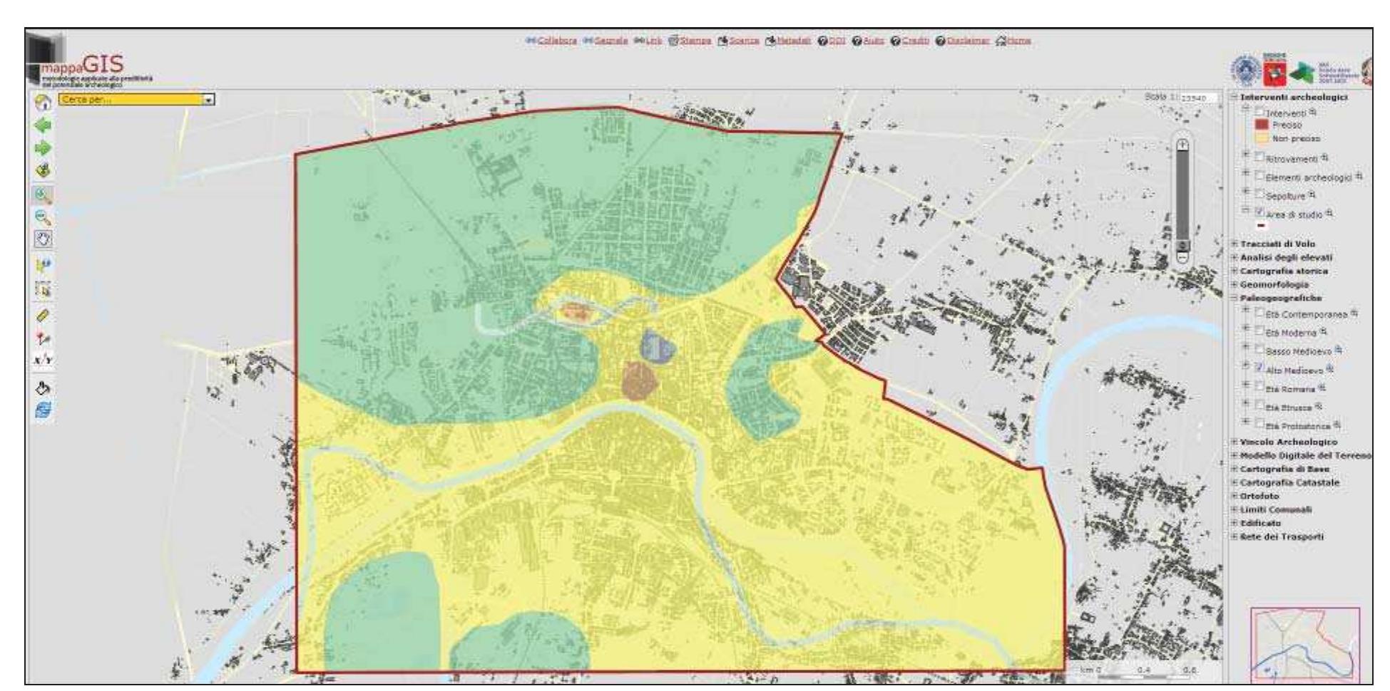 Fig. 2.19 Early-medieval paleogeographical map published on the MAPPAgis (www.mappaproject.org/webgis).VVetlands/marshy areas are indicated in green, areas subject to flooding in blue, plains in yellow and morphological highs in brown. 