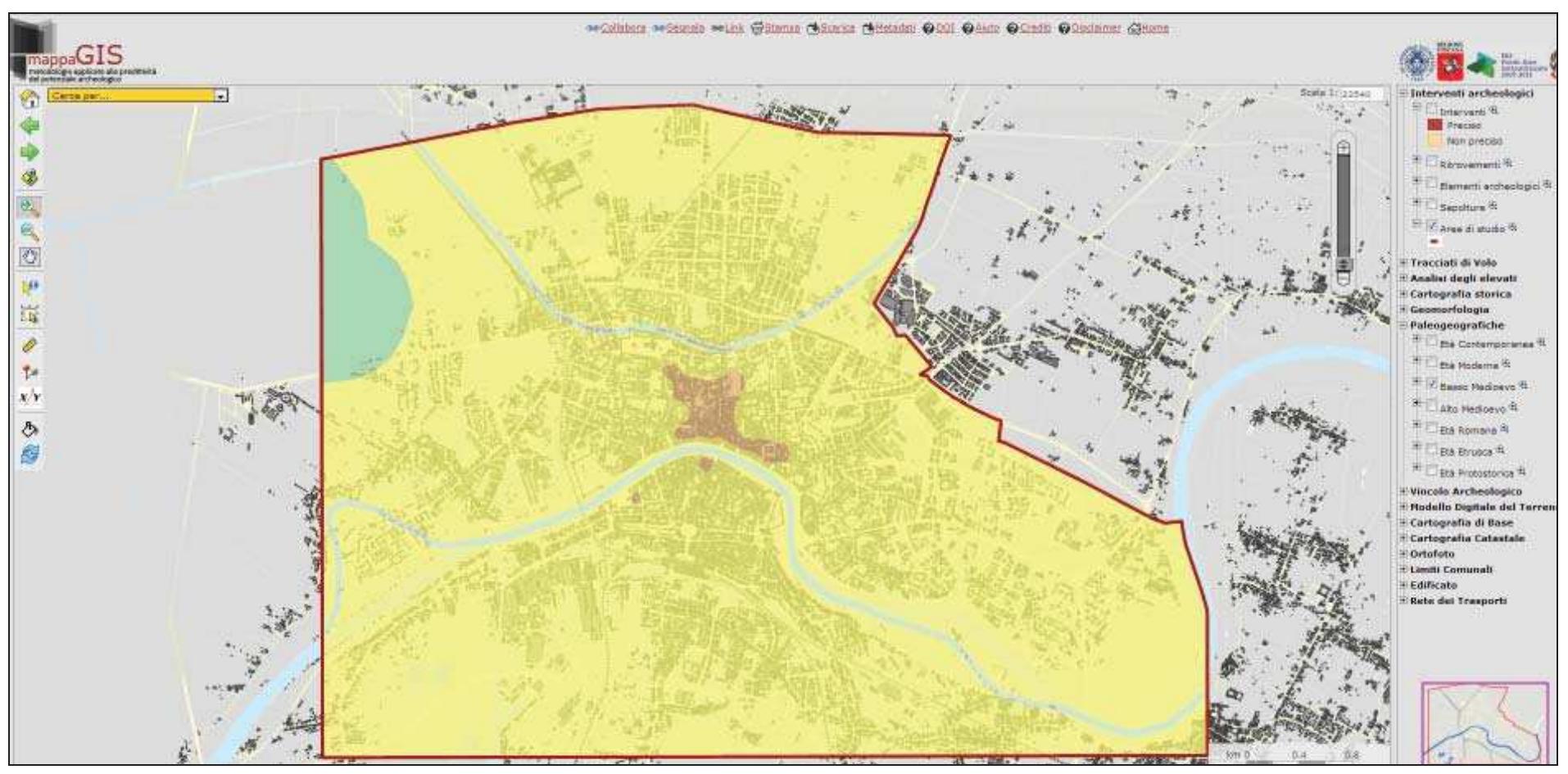 Fig. 2.20 Late-medieval paleogeographic map published on the MAPPAgis (www.mappaproject.org/webgis). Wetlands/marsh) areas are indicated in green, plains in yellow and morphological highs in brown. 