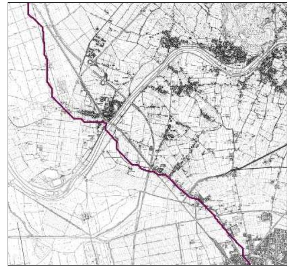 Fig. 2.27 The probable route of the strata de Arbaula calculated using the shortest path and shown on current maps.  alii 1988). It is not clear which period this route belongs to. According to DaDA 2006: 78 it could date back to the XH century, when the Comune of Pisa newly built (or most probably repaired) a road that at least partially retraced the route of the ancient Aurelia/Aemilia Scauri connecting to the port of Motrone, which it had owned since 1170. The route identified through spatial analysis’° fig. 2.27) retraces the route of today’s via Pietrasantina up to La Bucaccia, then it deviates o the west with a curvilinear pattern, along the Strada Maestra of Pietrasanta described in the Leopoldino land register, running along the left  bank of the palaeo-trace of the bend of Albavola and then reaching the centre of Migliarino. It is in this area that the path passed over Albavola bridge (attested in 1230) to the right bank of the Serchio River (CECCARELLI LEMUT et alii 1994: 411). The bridge probably rose slightly to the west of  the current bridge of Migliarino. Today, the area is still called La Barca (The Boat)'’, indicating 