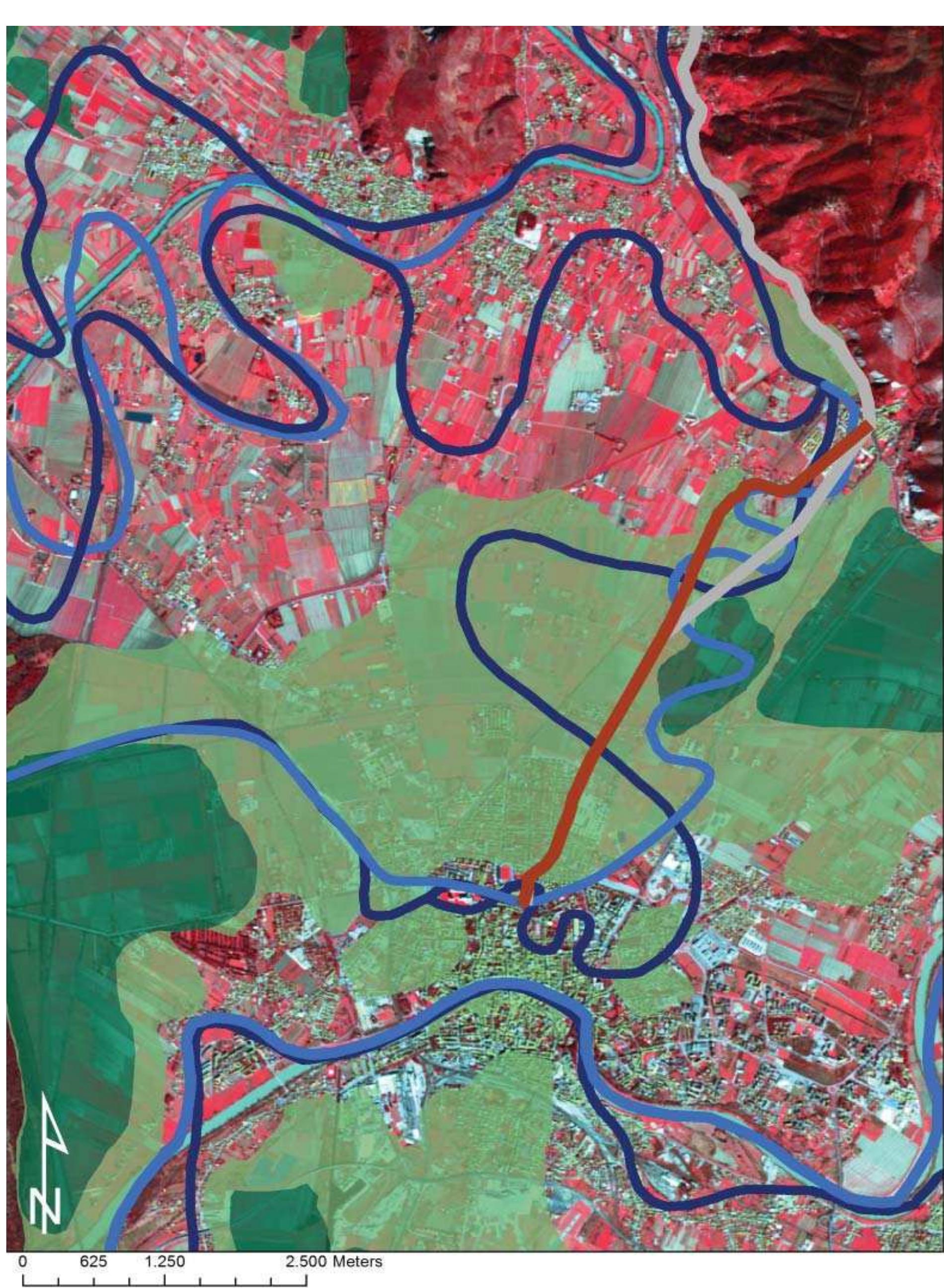 Fig. 2.33 Modification of the route of the strata Vallis Auseris during the Late Middle Ages (in brown) due to the variation of the course of the Auser River. The probable early-medieval river courses are shown in dark blue, the late-medieval courses in blue. The two shades of green refer to the probable size of the marshy areas during the Early (lighter) and Late (darker) Middle Ages. 