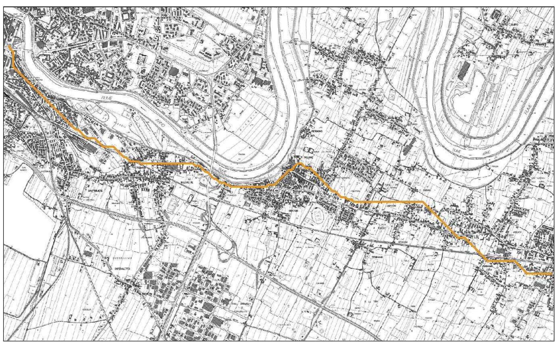 Fig. 2.36 The probable route of the strata Vallis Arni calculated using the shortest path and shown on current maps  alle Corti in 1287 and at Ponte in 1199, the strada publica is mentioned at Visignano and presence of Quarto, connected to the ancient route’; a via antica is attested at San Pietro a Pagnatico in 1181; the church of San Prospero is located Ad Stradam in documents dating back to the end of the XII century and the toponyms Quinto e Ad Stradam are mentioned in a 1202 deed at the church of San Michele di Casciavola. The route analysed through cost surface analysis lies between Pisa and the church of San Prospero (fig. 2.36). The route was divided into two segments: the first between San Marco gate and Riglione, the second between Riglione and San Prospero. GIS analysis highlighted a path leaving Pisa and following a route similar to current via Cattaneo, running  however more to the south of the SS 67 Tosco  2.3.1.5 The strata Vallis Arni  The main road connection throughout the Arno valley was guaranteed by the strata Vallis Arnis'”. XI-XIII century written sources and the Brevia of 1287 and of 1302 allow us to identify the route (CECCARELLI LEMuT 2005: 377; CECCARELLI LEMUT et alii 1994: 413): a via Pisana is mentioned in 1054 in Orticaia; both toponyms Ad Stradam in 1186, and the same road in 1169 and in 1186 appear in Fasciano!”; the strada is attested in 1137, in Planicio (Riglione), the via publica strada is mentioned in 1169 at the church of Sant’Ippolito, in Termine and Debbia; the strada is mentioned in 1137 at Montioni; the strada is mentioned in 1160 in Montione and Petricio and the strada publica between 1171 and 1182; the silice pisana or strada  pubblica communis is mentioned at San Lorenzo 