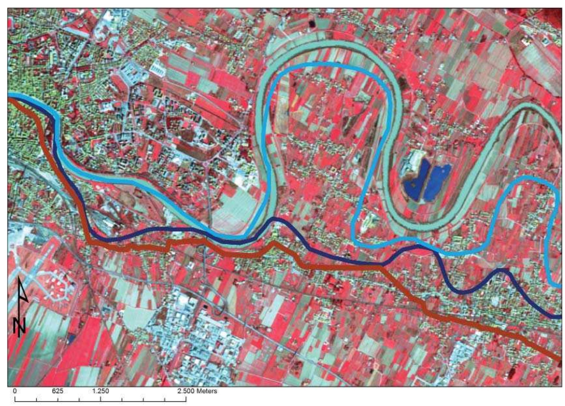 Fig. 2.37 The probable route of the strata Vallis Arni (in brown) and the variations of the course of the Arno River. The probable early-medieval river courses are shown in dark blue, the late-medieval courses in blue. The two shades of green refer to the probable size of the marshy areas during the Early (lighter) and Late (darker) Middle Ages. 