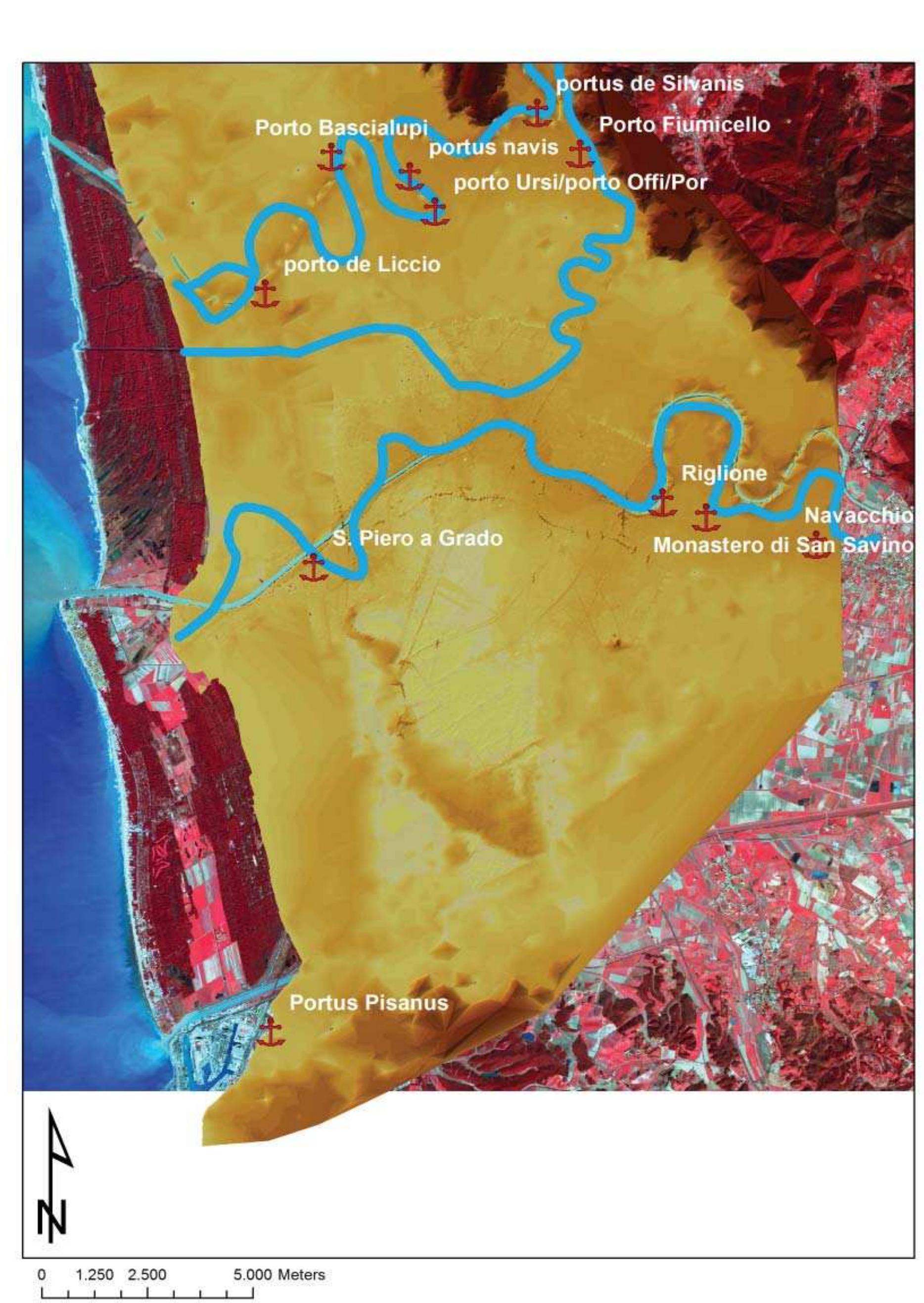 Fig. 2.39 The possible river courses and the location of the late-medieval landing places known are reported on the medieval DEM with the late-medieval coastline. 