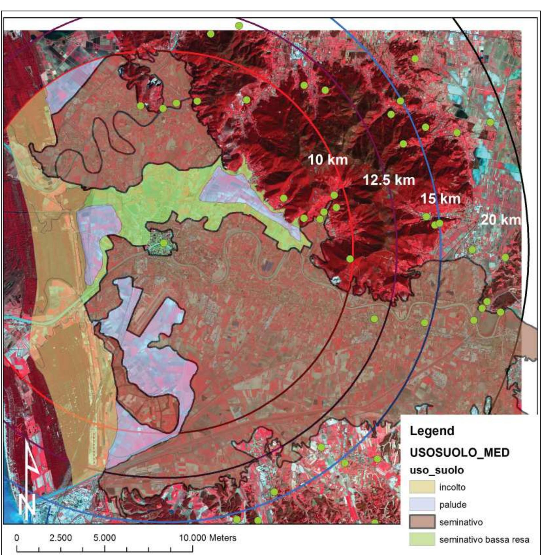 Fig. 2.40 Study of the landscape available to the city and possible land use considered to estimate the agricultural productior needed by the city. Possible ‘competitor’ sites are indicated in green. 