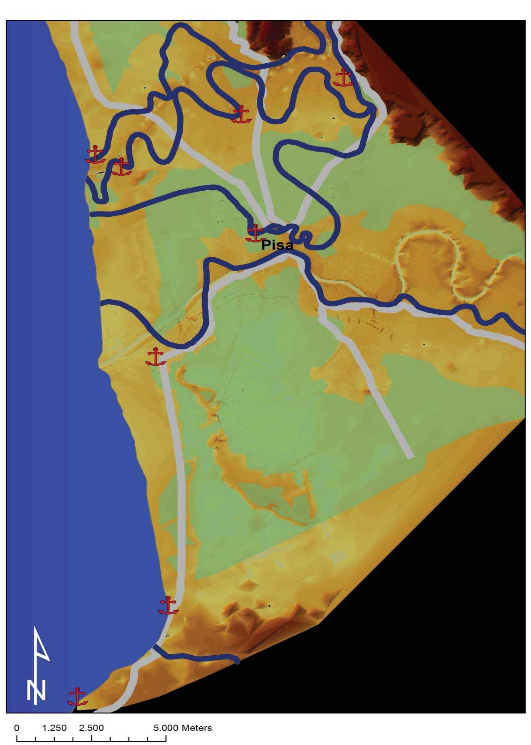 Fig. 2.41 Hypothetical reconstruction of the early-medieval landscape in the area around Pisa, between Malaventre and Portus  Pisanus. In addition to roads and river courses, the landing places known and the possible extent of the marshy areas are highlighted. 