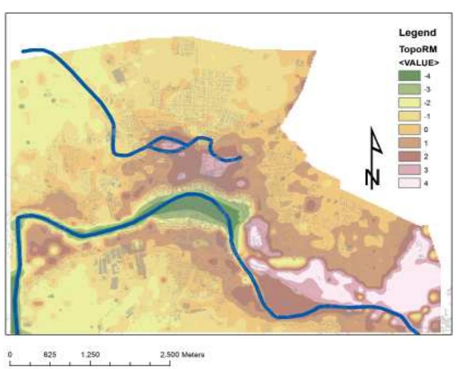Fig. 3.1 The Roman Age DEM created using the elevation points resulting from archaeological investigations, for the urban areas, and in a regressive manner based upon the pe- riod palaeogeographical map, for the extra-urban area (see § 2.2.3), associated with the partial reconstruction of the hy- drographic network (BINI et alii 2013).The heights are expres- sed at current sea level. 