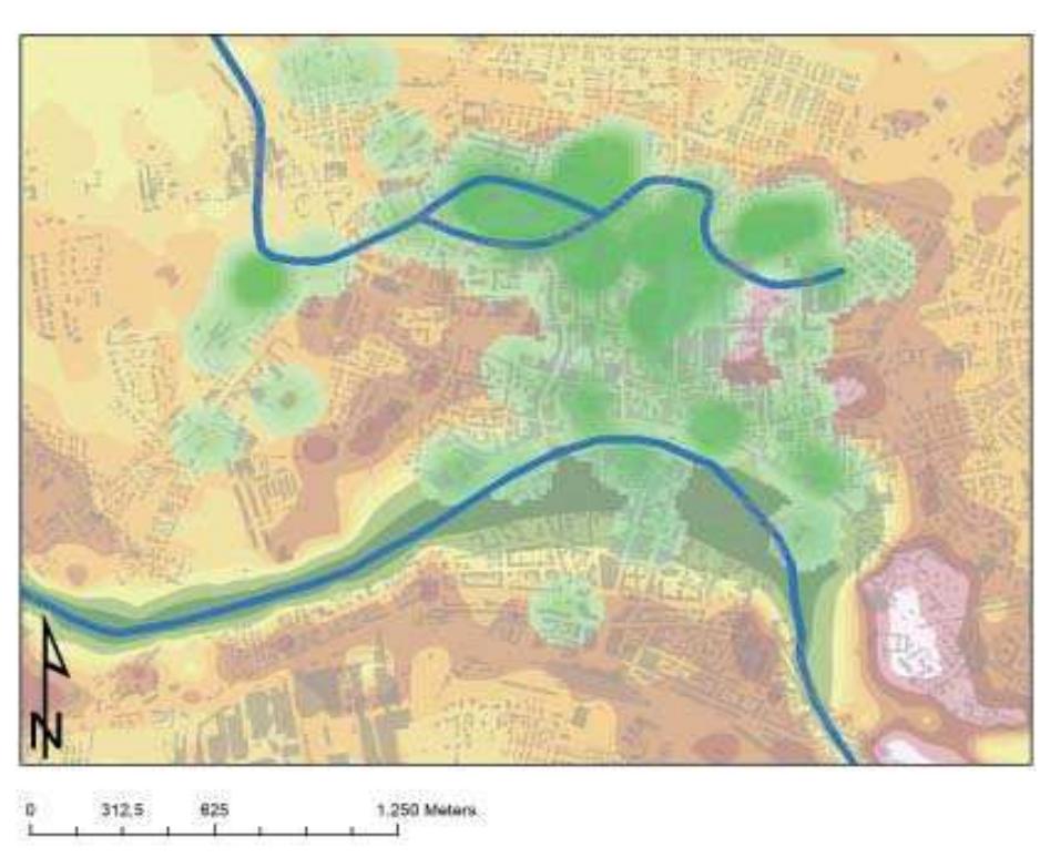 Fig. 3.2 Kernel Density Estimation (in green) of Roman Age finds (| century B.C./V century A.D.) with a 150 m radius, overlapping the Roman Age DEM and the current urban grid. 