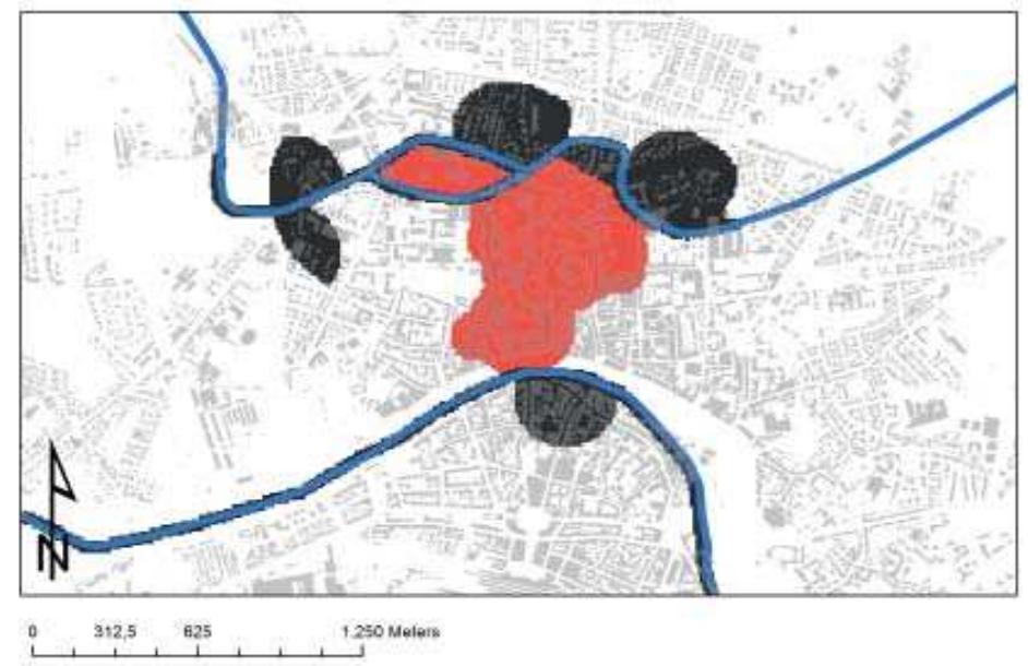 Fig. 3.4 The functional areas (the urban area is in red, the suburban area in dark brown and the rural area in white) algorithmically created by the MAPPA algorithm (FABIANI et  alii 2013 e 201 3a).  Fig. 3.3 Co-kriging interpolation showing the probable size of the urban area during the Roman Age (I century B.C./V cen- tury A.D.). The more urbanized areas are highlighted in red.  ran south of the current Camposanto Monumentale, along the route of via Cardinale Maffi, and reached the thermae™ of Porta a Lucca, built in the second half of the I century A.D. and restructured during the II century A.D.. The 