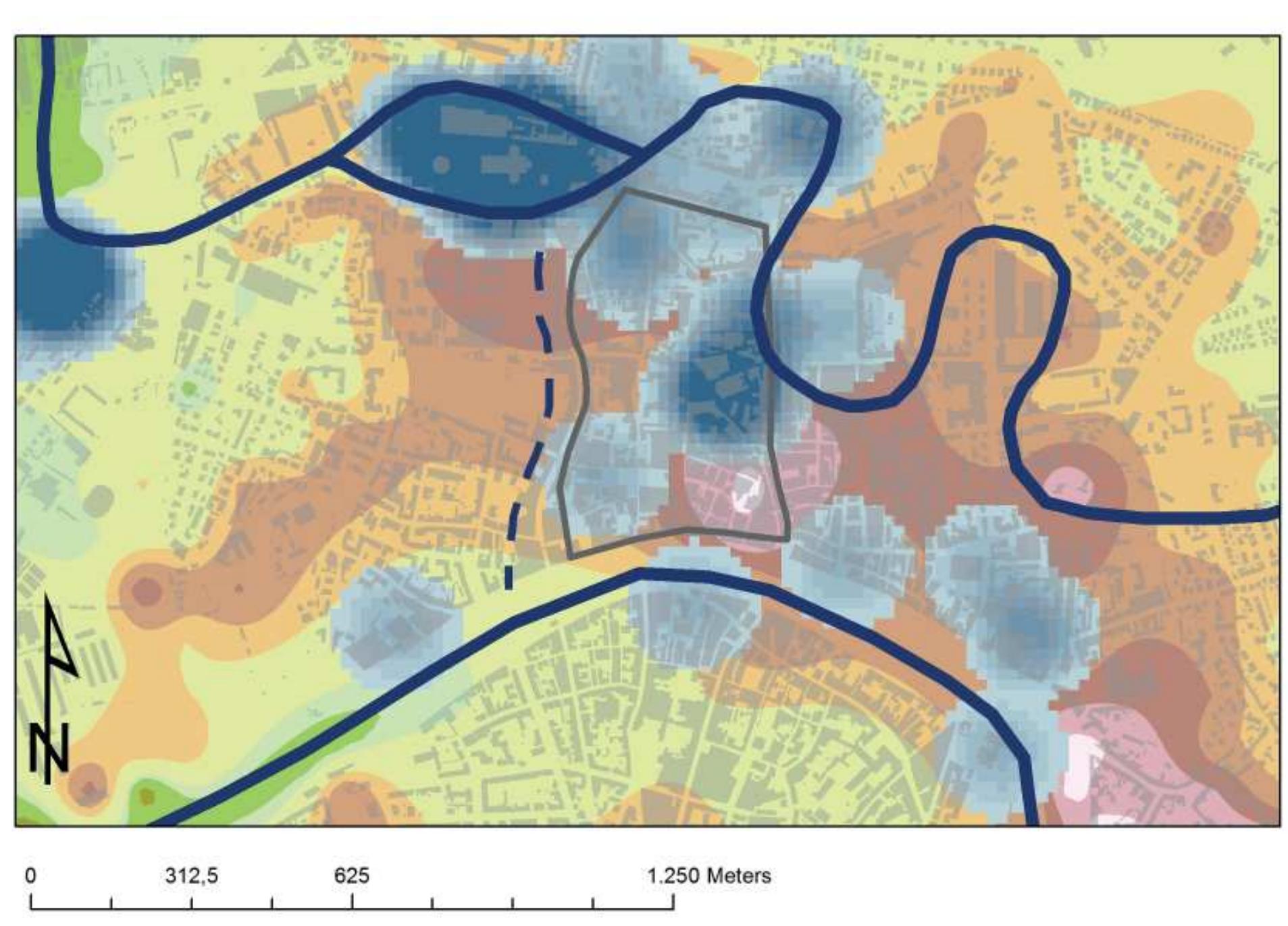 Fig. 3.5 Kernel Density Estimation (KDE) of the archaeological finds dating back to the VI-VII century A.D., visualized as 1/4 Standard Deviation, overlapping the early medieval DEM. Possible river courses are indicated in dark blue. The dotted line indicates the presumed course connecting the Auser River and the Arno River described in ancient written sources but not evidenced by geomorphological analyses. The possible length of the Late Roman city walls is shown in grey. 