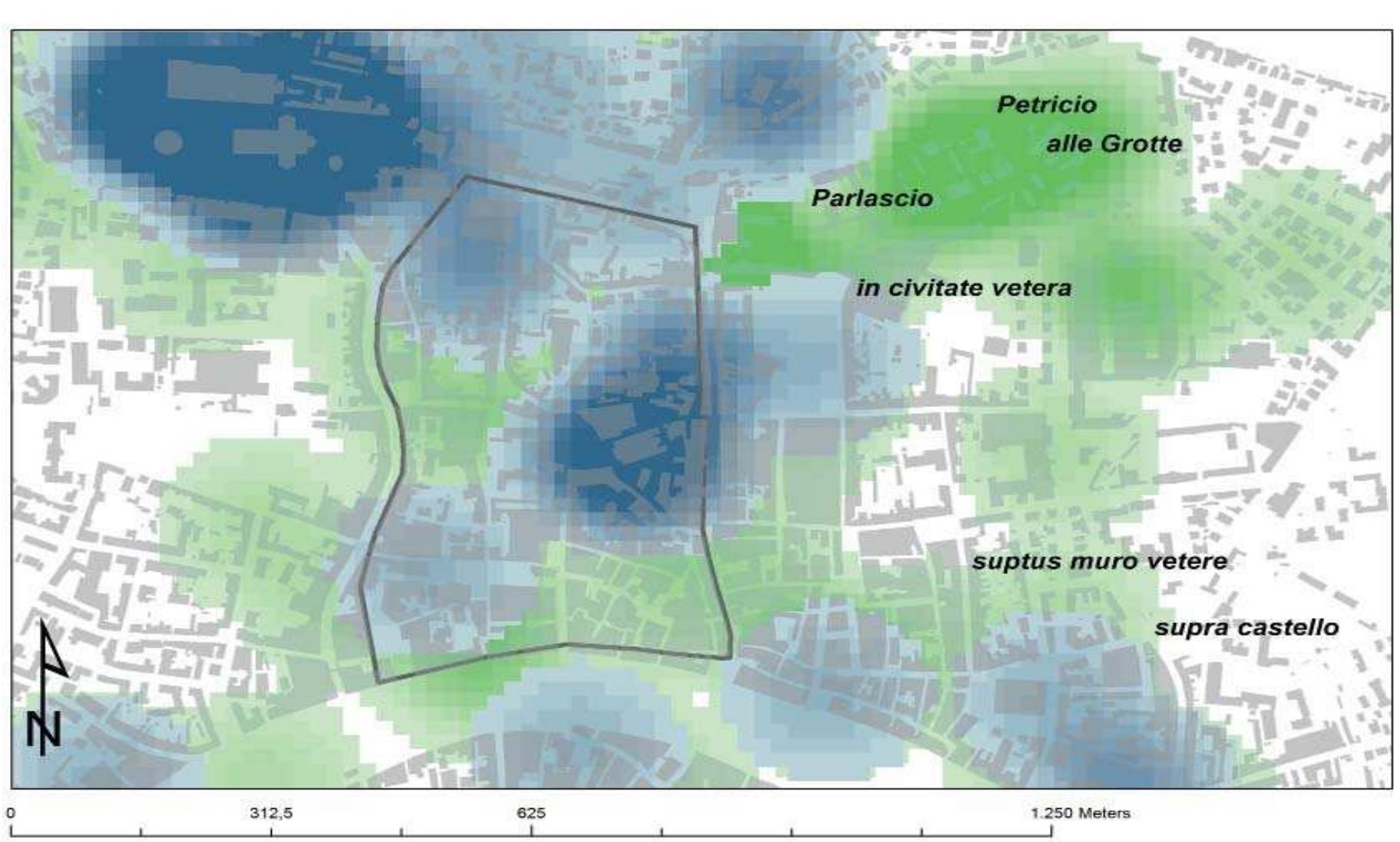 Fig. 3.6 Overlapping between the KDE of the finds dated between the | century B.C.andV century A.D. (in green) and the KDE of the finds dated between the VI and VII century A.D. (in dark blue), shows how the areas in which toponymic indications rela- ted to the Roman city are preserved (from GARZELLA 1990: I-12 and REDI 1991: tav. 6), do not represent the real city centre but rather an area where the emerging ruins were preserved for a longer time due to contraction of the inhabited zones. 