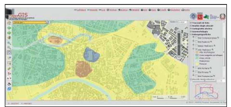 Fig. 3.9 Detail of the early-medieval palaeogeographical map from BINI et alii 2013, published on the MAPPAgis (www mappaproject.org/webgis). 