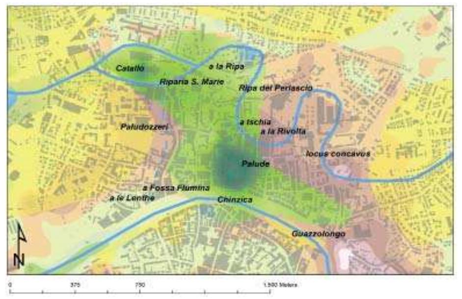 Fig. 3.10 The medieval toponyms known for the city area and attributable to hydrological aspects associated with the early medieval DEM (the centre, in shades of green, is the most reliable) and the probable size of the marshy areas (in yellow). 