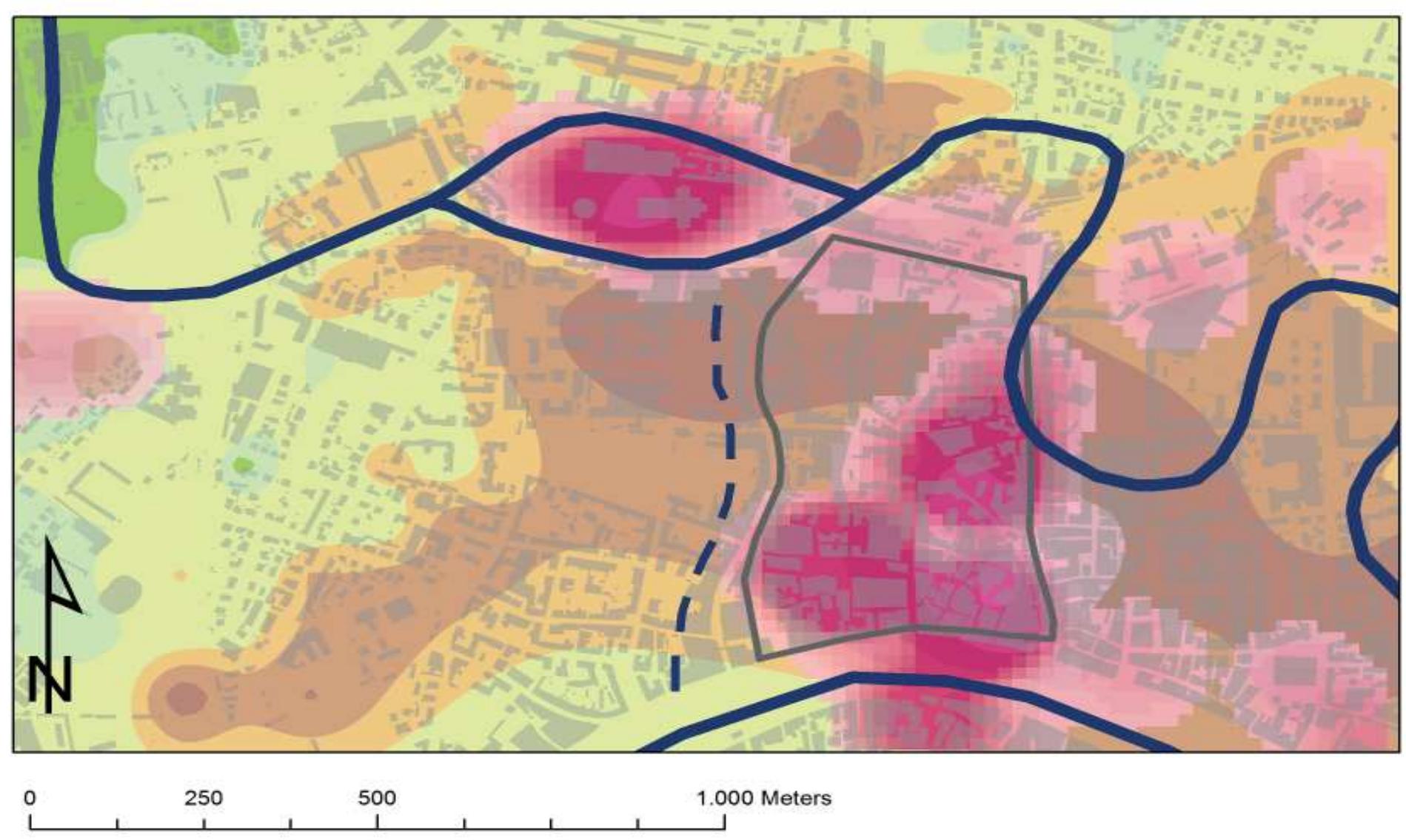 Fig. 3.11 Kernel Density Estimation (KDE) of the finds dated between the Vill and X century, visualized as |/4 Standard Devia- tion, overlapping the early medieval DEM. The possible river courses are indicated in dark blue. The dotted portion indicates the presumed course connecting the Auser River and the Arno River described in ancient written sources but not evidencec  by geomorphological analyses. The possible length of the Late Roman city walls is shown in grey. 