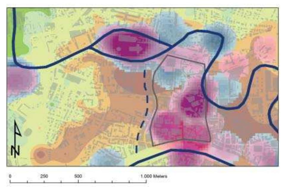 Fig. 3.12 Overlapping between the KDE of the finds dated between the VI and VII century (in dark blue) and finds dated between the VIII and X century (in fuchsia) shows the trend of settlement variations. 