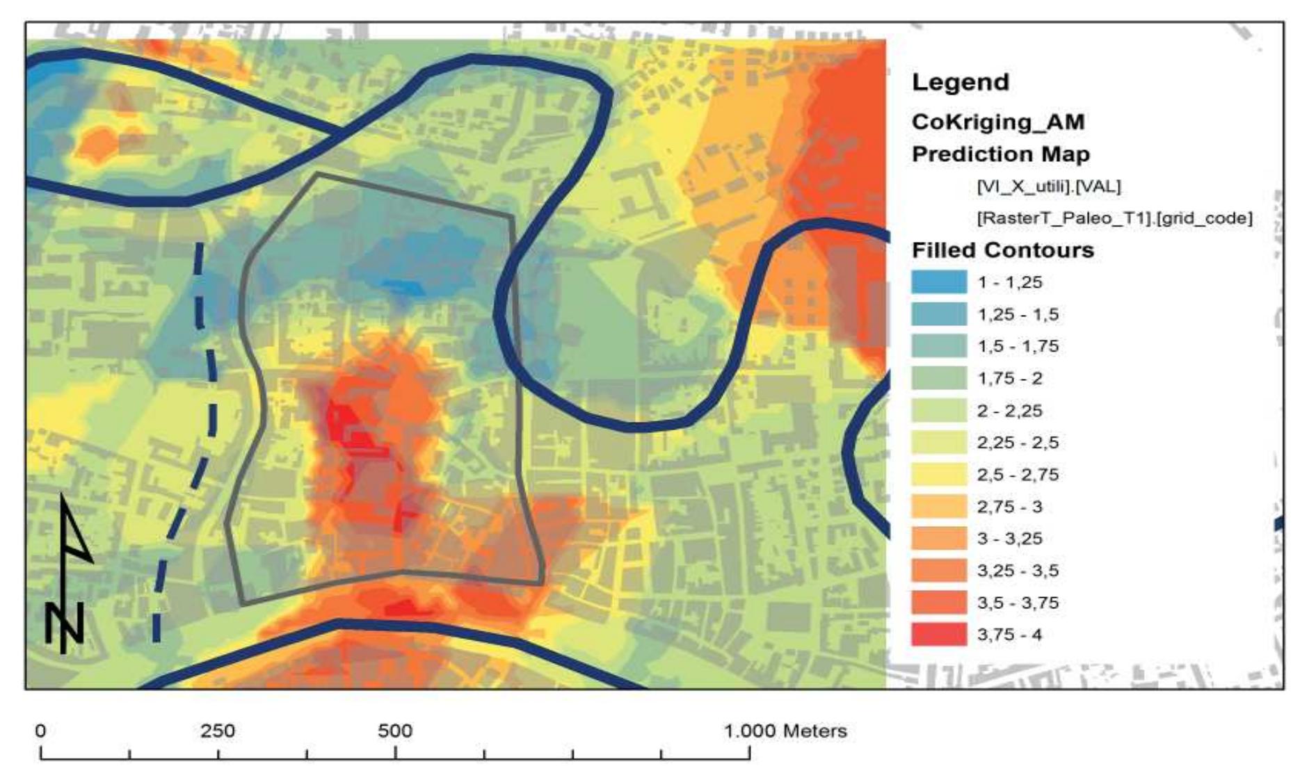 Fig. 3.13 Co-kriging interpolation showing the possible size of the early-medieval urban area (values between 2.75 and 4) ove! the long period spanning from the VI to the X century. 