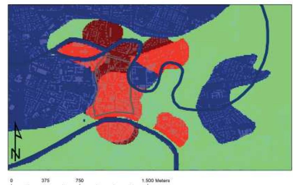 Fig. 3.15 The functional areas, related to the long period spanning from the VI to the X century, algorithmically crea- ted using the MAPPA algorithm: the urban area is indicated in orange, the suburban area in brown, the rural area in green, and the marshy areas and rivers in dark blue. 