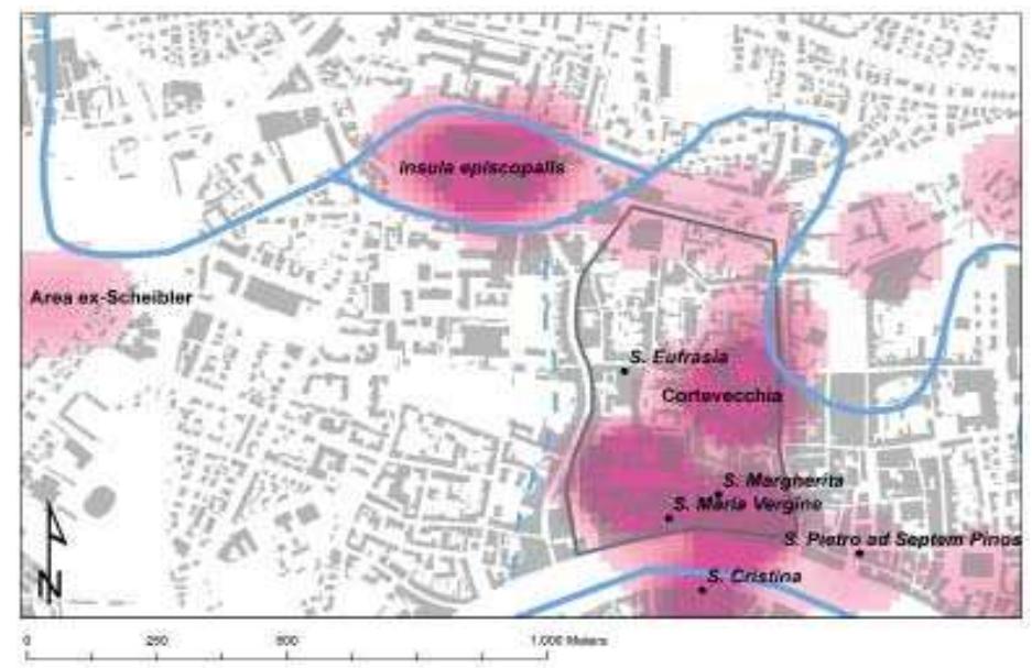Fig. 3.16 Overlapping between the churches attested during the VIII century and Kernel Density Estimation. 