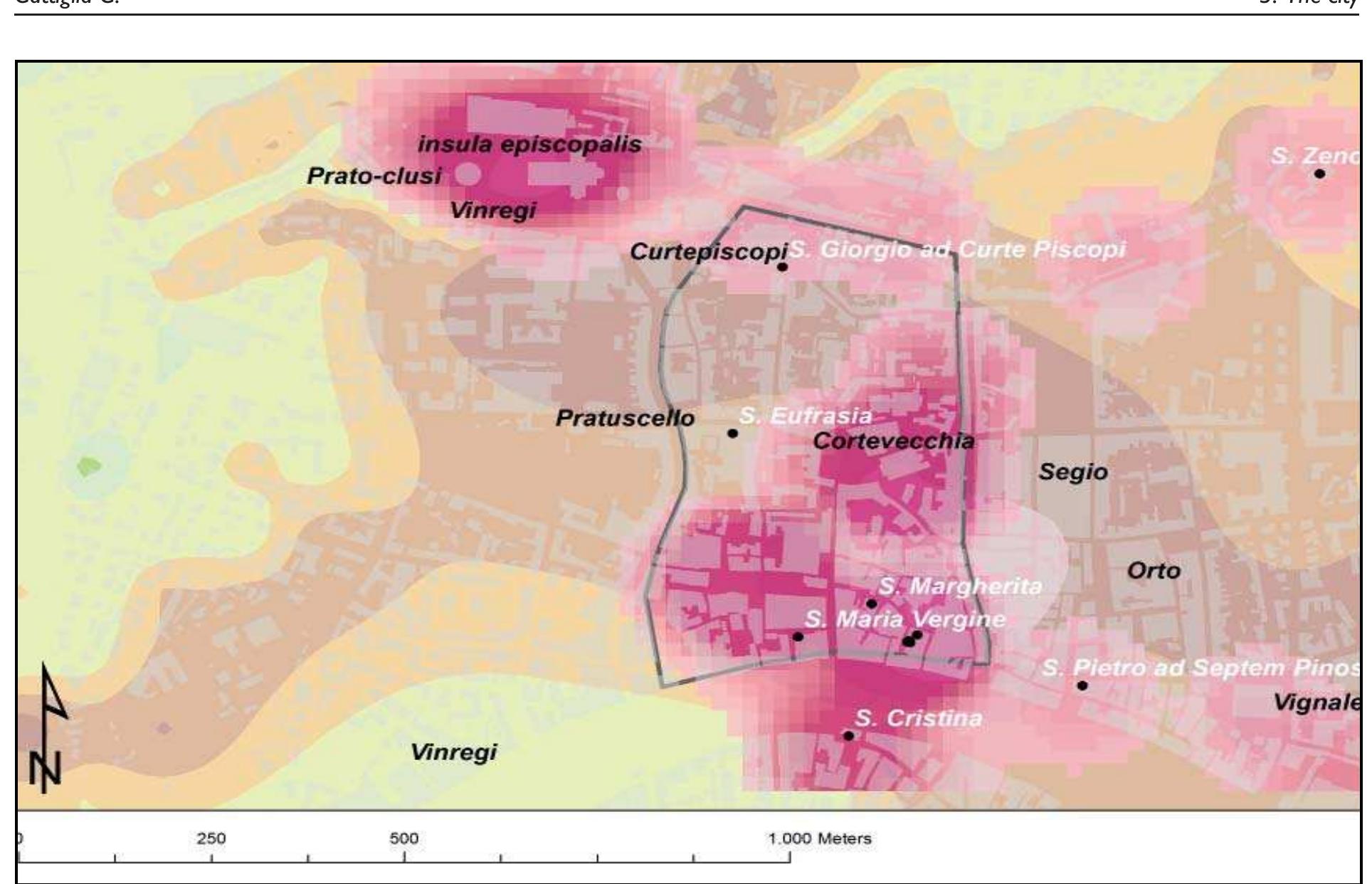 Fig. 3.21 The expansion of the urban area, from the IX century, associated with the presence of toponyms (in black) that seem to indicate improved environmental conditions. In white the churches attested in this period.  Between the IX and X century, Pisa (fig. 3.21) started its expansion influenced by the increase of its inhabitants and the improvement of the surrounding environmental conditions. In this period, religious buildings flourished and built small cemeteries close by: the church of Sant’Isidoro, in the city centre, the church of San Zeno™, in the north- eastern portion of the settlement which was once the suburb of the Roman city®, and probably a chapel near Borgo which developed during the second half/end of the X century outside the  south-eastern corner of the walls**. Overlapping,  based on kernel density, of the churches attested in this period reveals a slowly evolving situation®’.  The first novelty is the construction of the church  OF oath ZENO between the Vill anda 1A Century. 1S position, further away from the central settlemen area, is related to the presence of a new and quite arge agglomeration of people and to the improved environmental conditions. Written sources record  he almost complete disappearance of other  oponyms referring to this area, from the X century, revealing the topographical importance of San Zeno in this area of Pisa. The second change regards the urbanisation - probably from the start of the X century - of the north-western part of the civitas determined by the presence of the church of San Giorgio ad Curte Piscopi®, and especially of the curtis dominicata, the centre of the Episcopal land  administration, which moved from the previous 